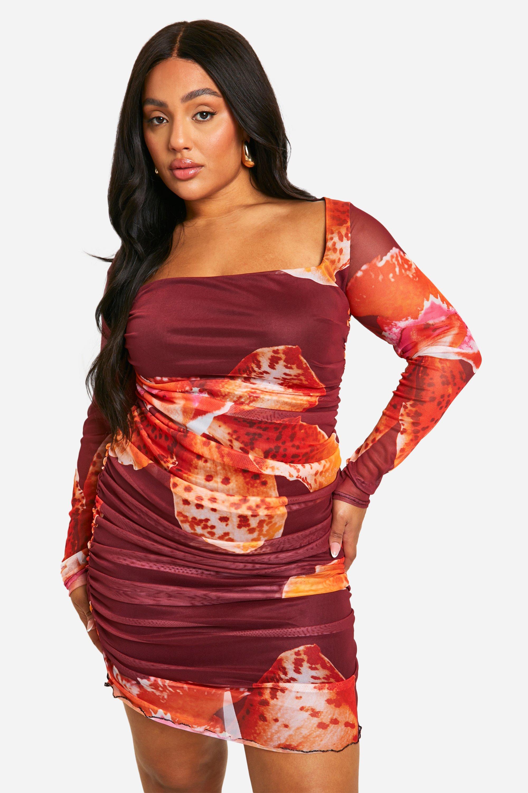 Image of Plus Mesh Printed Ruched Bodycon Dress, Multi