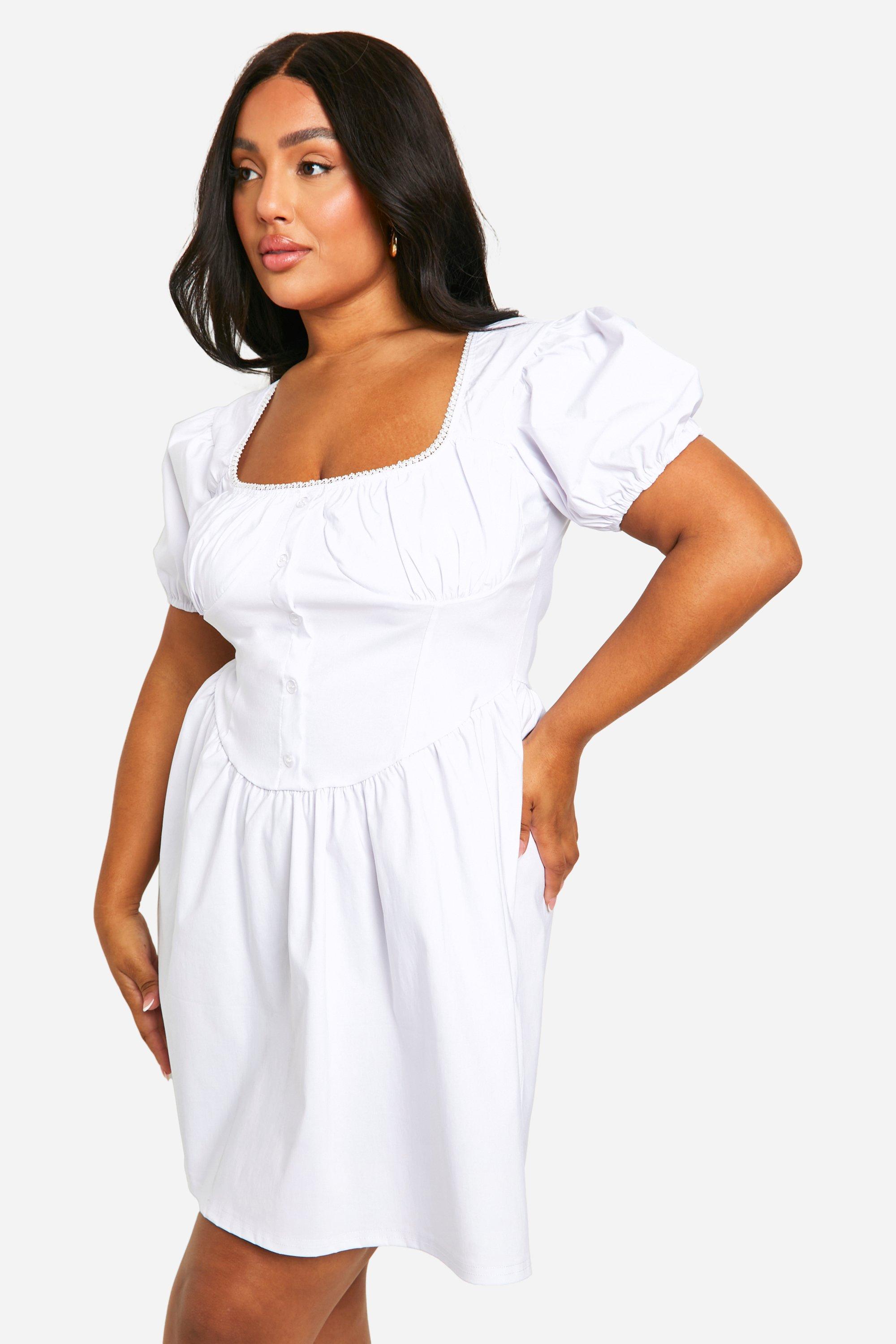 Boohoo Plus Bengaline Puff Sleeve Milkmaid Skater Dress, White