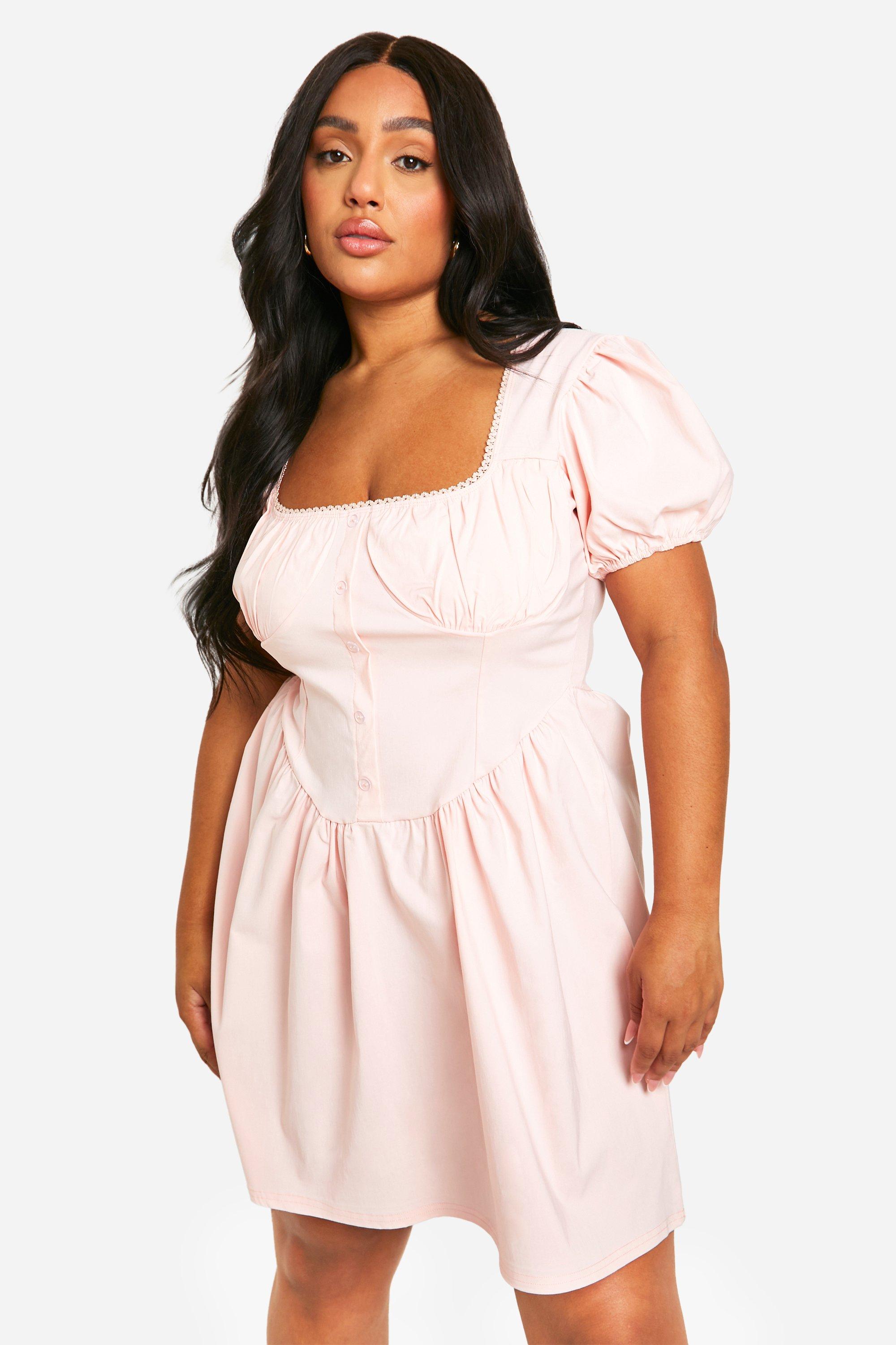 Image of Plus Bengaline Puff Sleeve Milkmaid Skater Dress, Pink