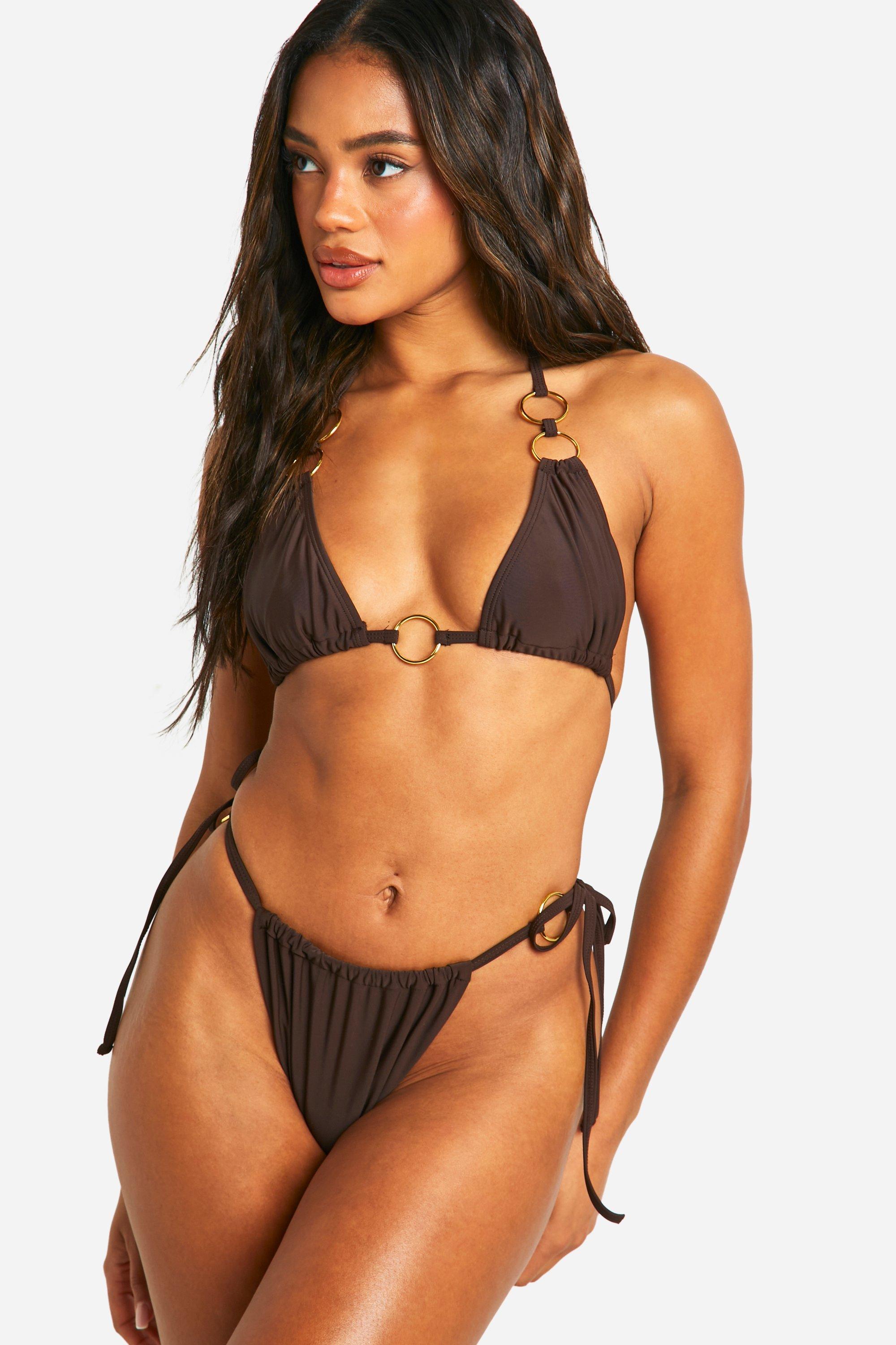 Boohoo O-Rings Wrap Around Triangle Bikini Set, Dark Brown