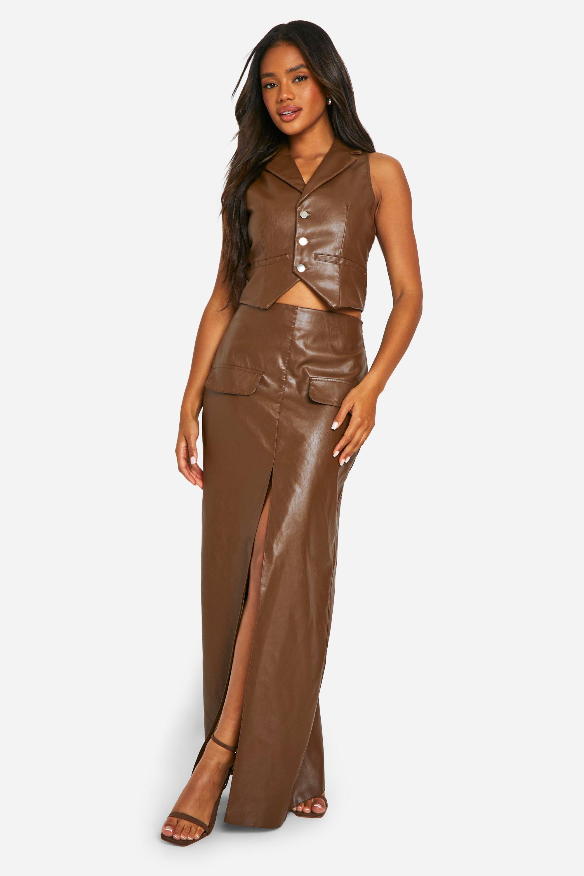 Boohoo Nepleren Maxi Wikkelrok Met Knoop Detail, Chocolate