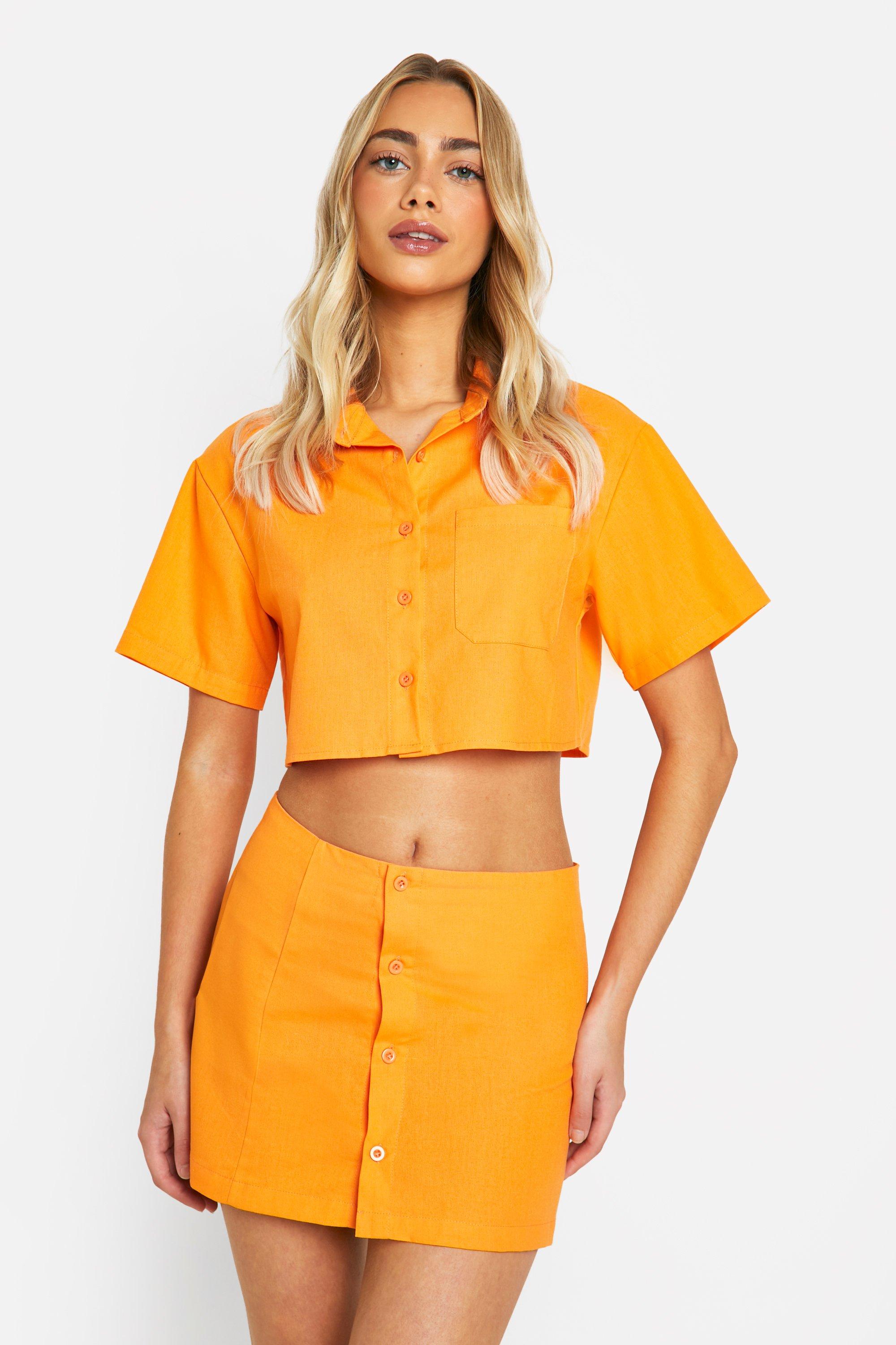 Boohoo Linen Mix Button Front Mini Skirt, Orange