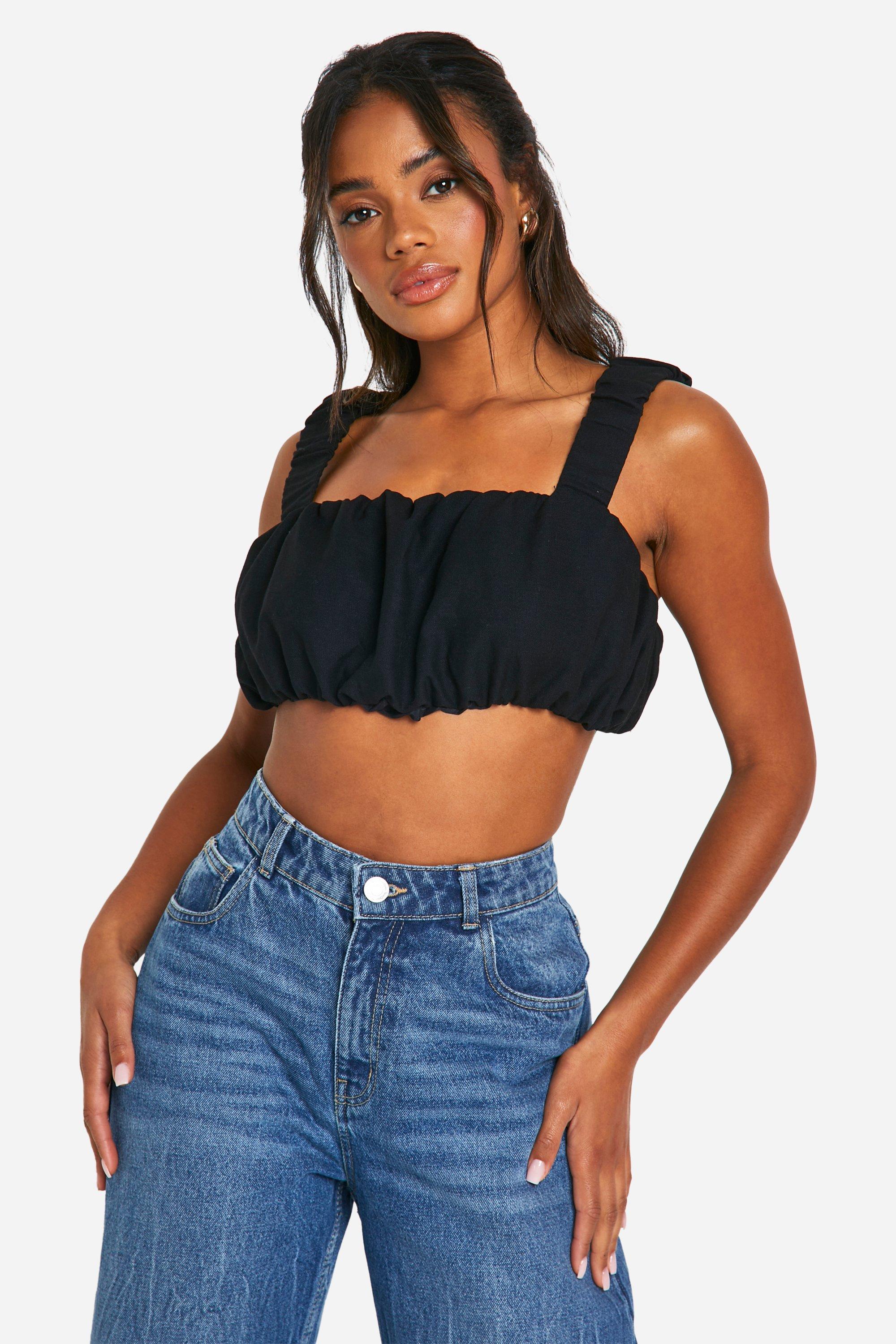 Boohoo Puffball Ruched Crop Top, Black