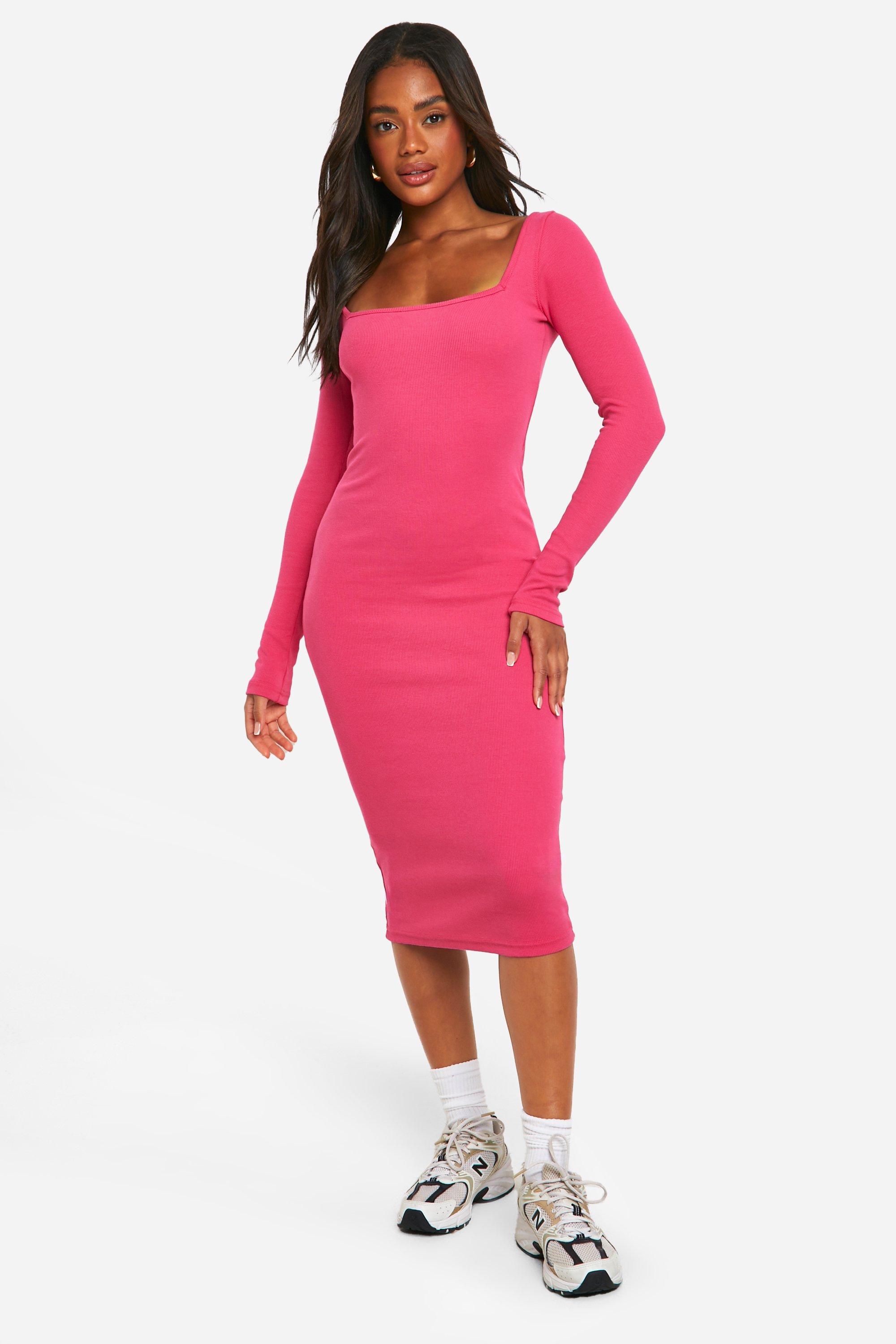 Boohoo Basic Midi Jurk Met Vierkante Hals, Hot Pink