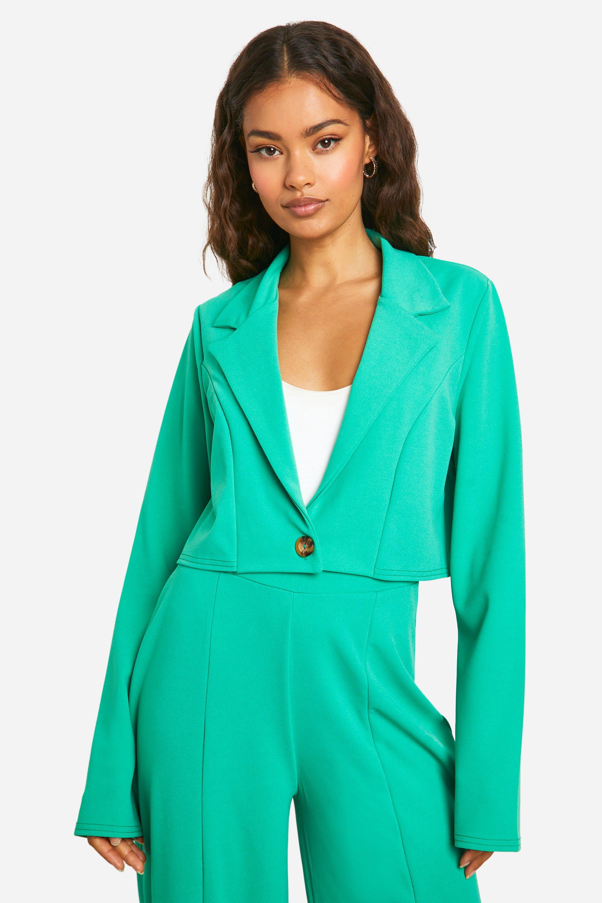 Boohoo Jersey Crepe Cropped Boxy Blazer, Bright Green