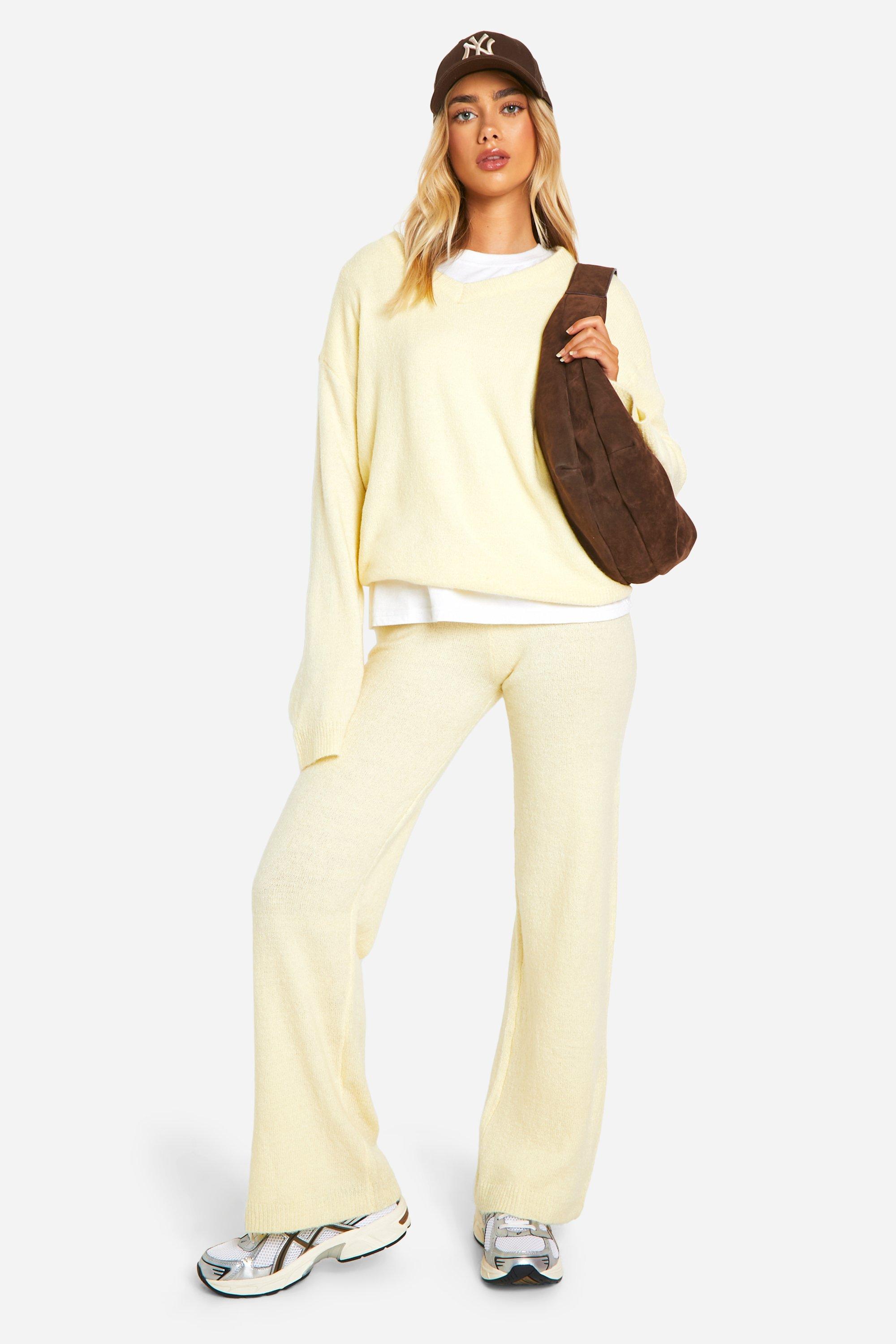 Ensemble En Maille Douce Avec Top À Col V Et Pantalon Large - Butter - M, Butter