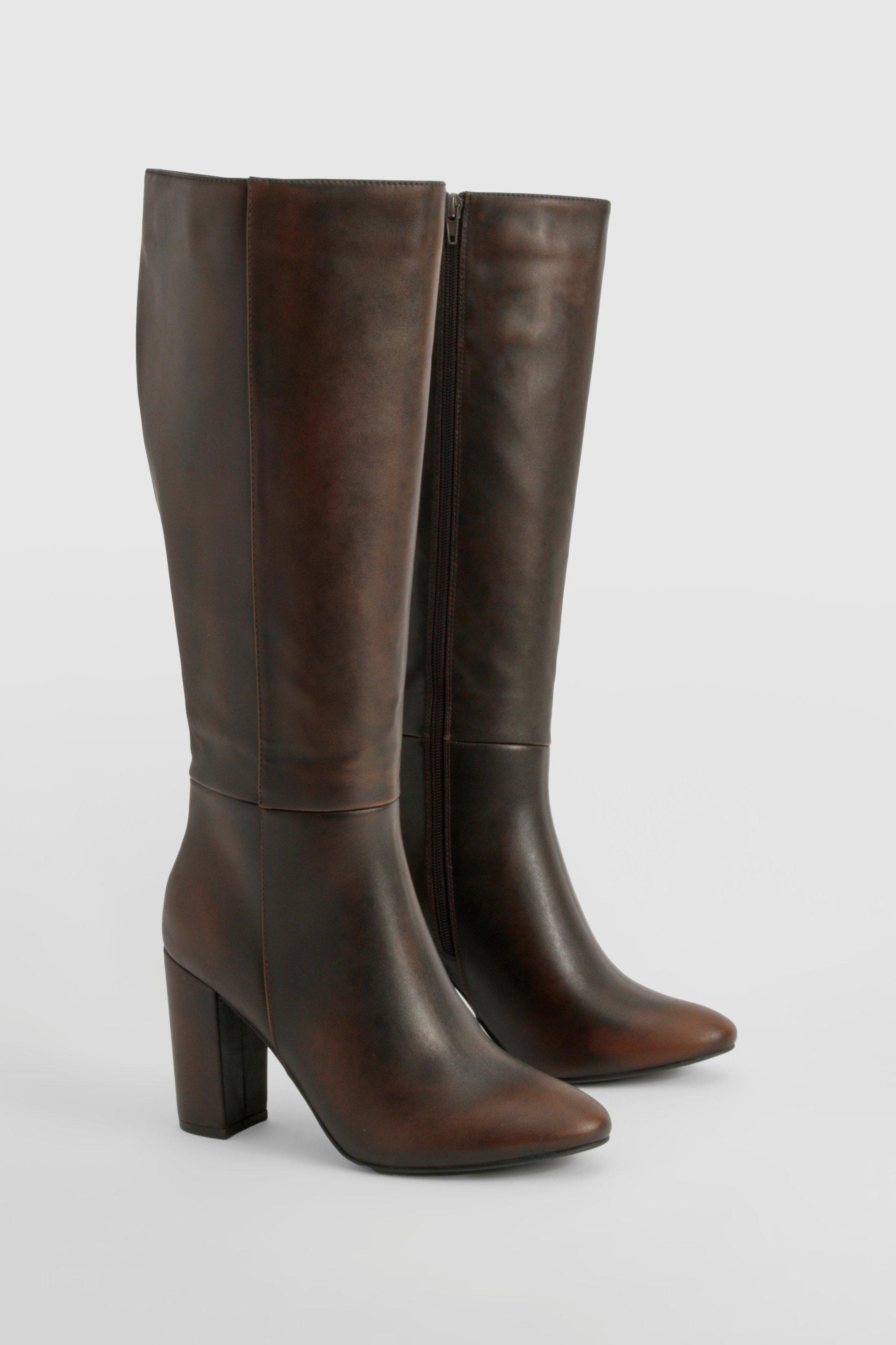 Womens Burnished Knee High Block Heel Boots - Brown - 3, Brown