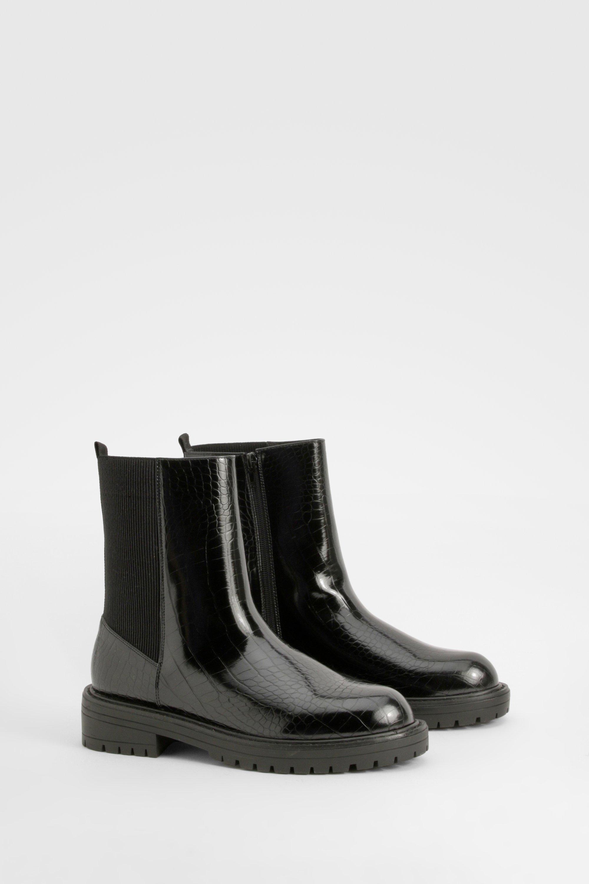 Boohoo Brede Pu Krokodillen Chelsea Boots Met Enkel Detail, Black