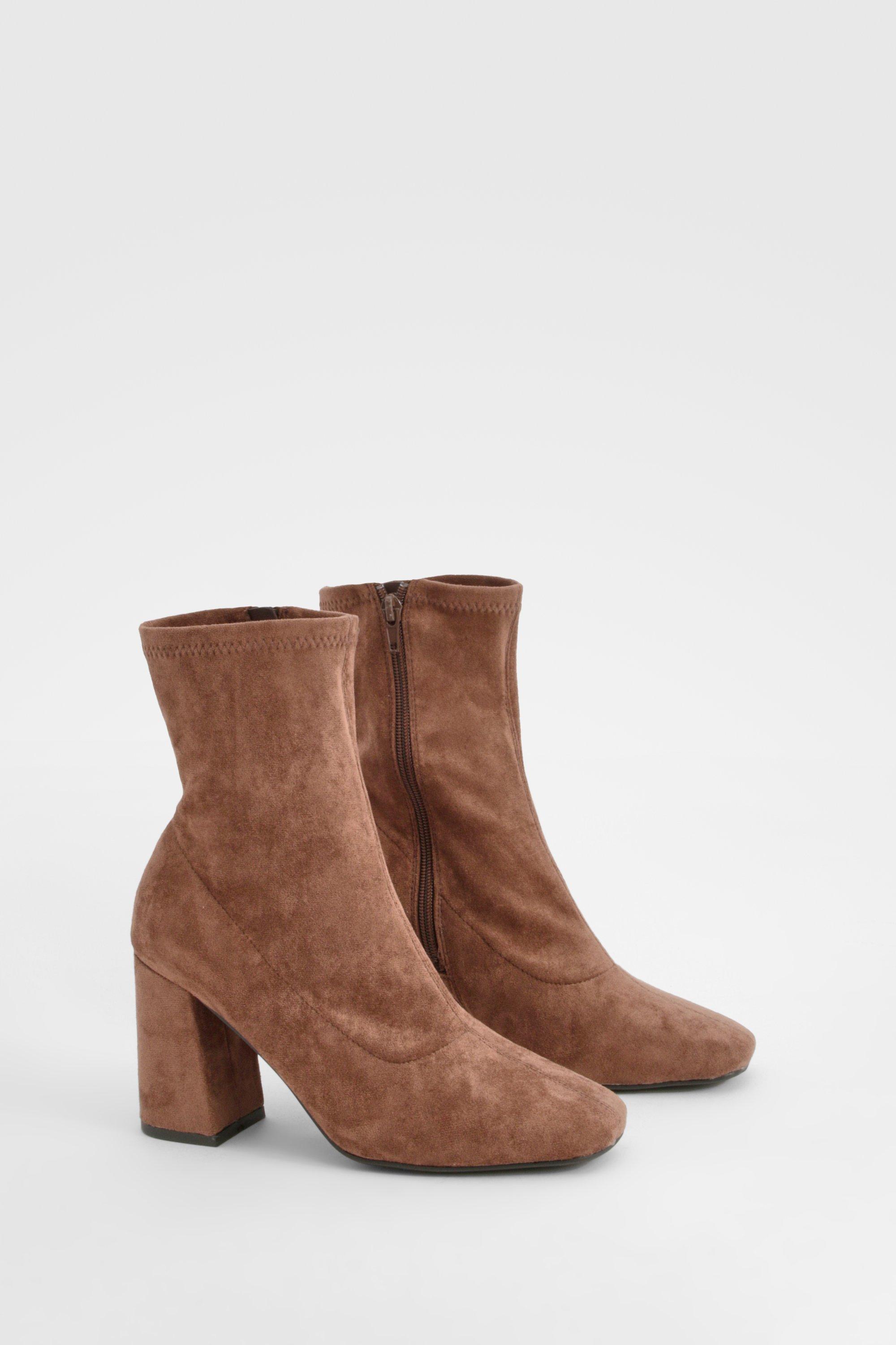 Womens Wide Fit Block Heel Square Toe Sock Boots - Brown - 4, Brown