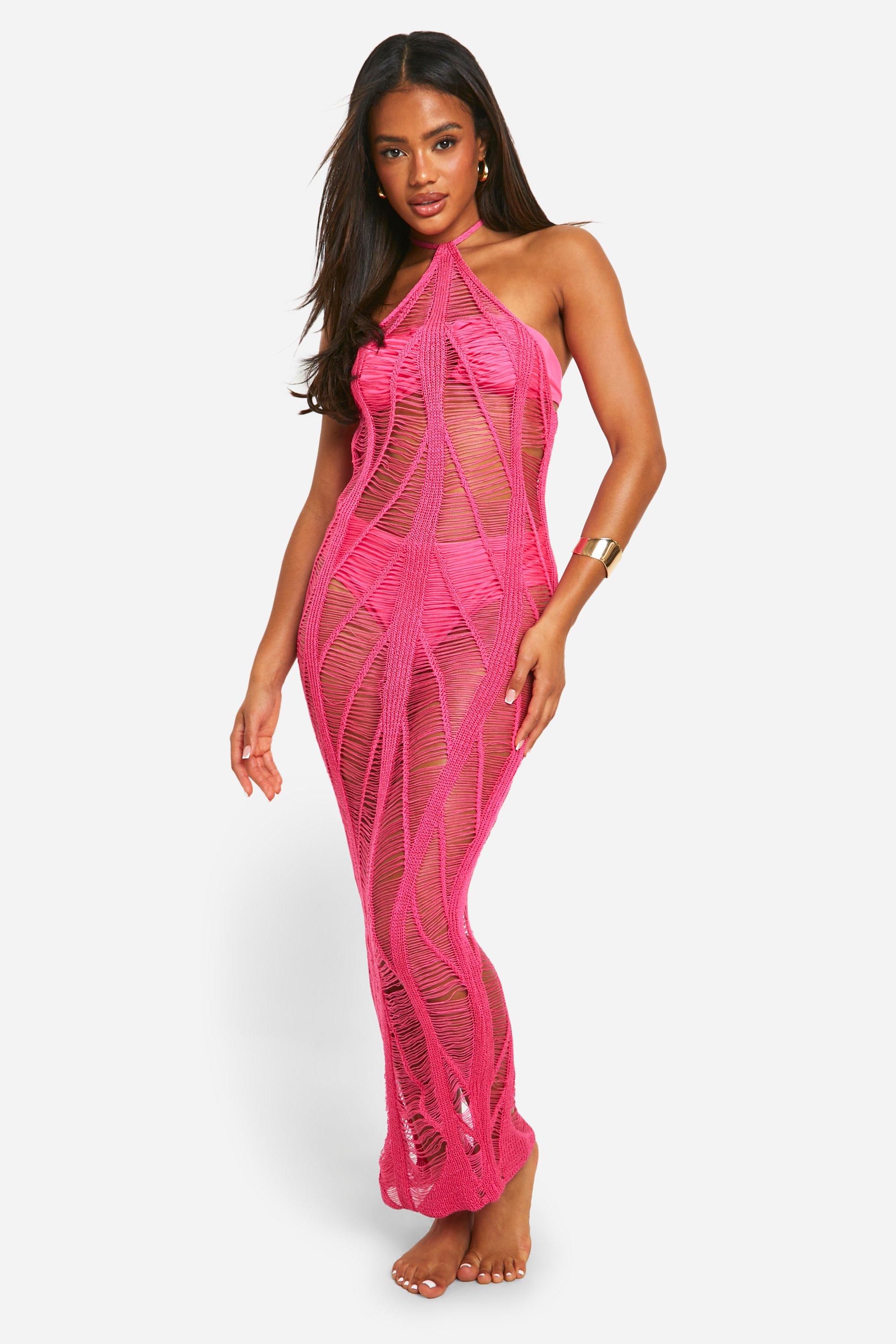 Boohoo Ladder Knit Halterneck Beach Maxi Dress, Pink