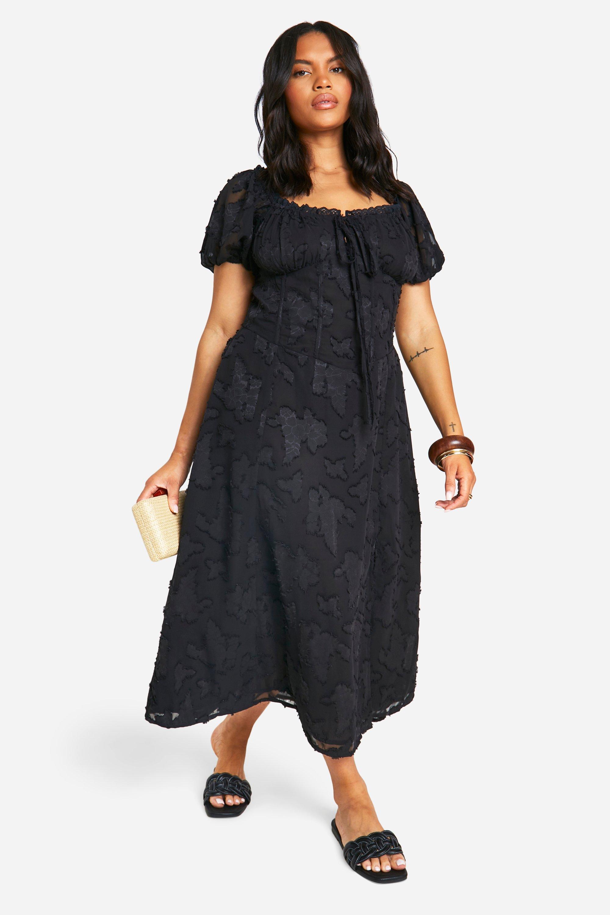 Image of Vestito midi Plus Size stile Milkmaid in Burnout, Nero