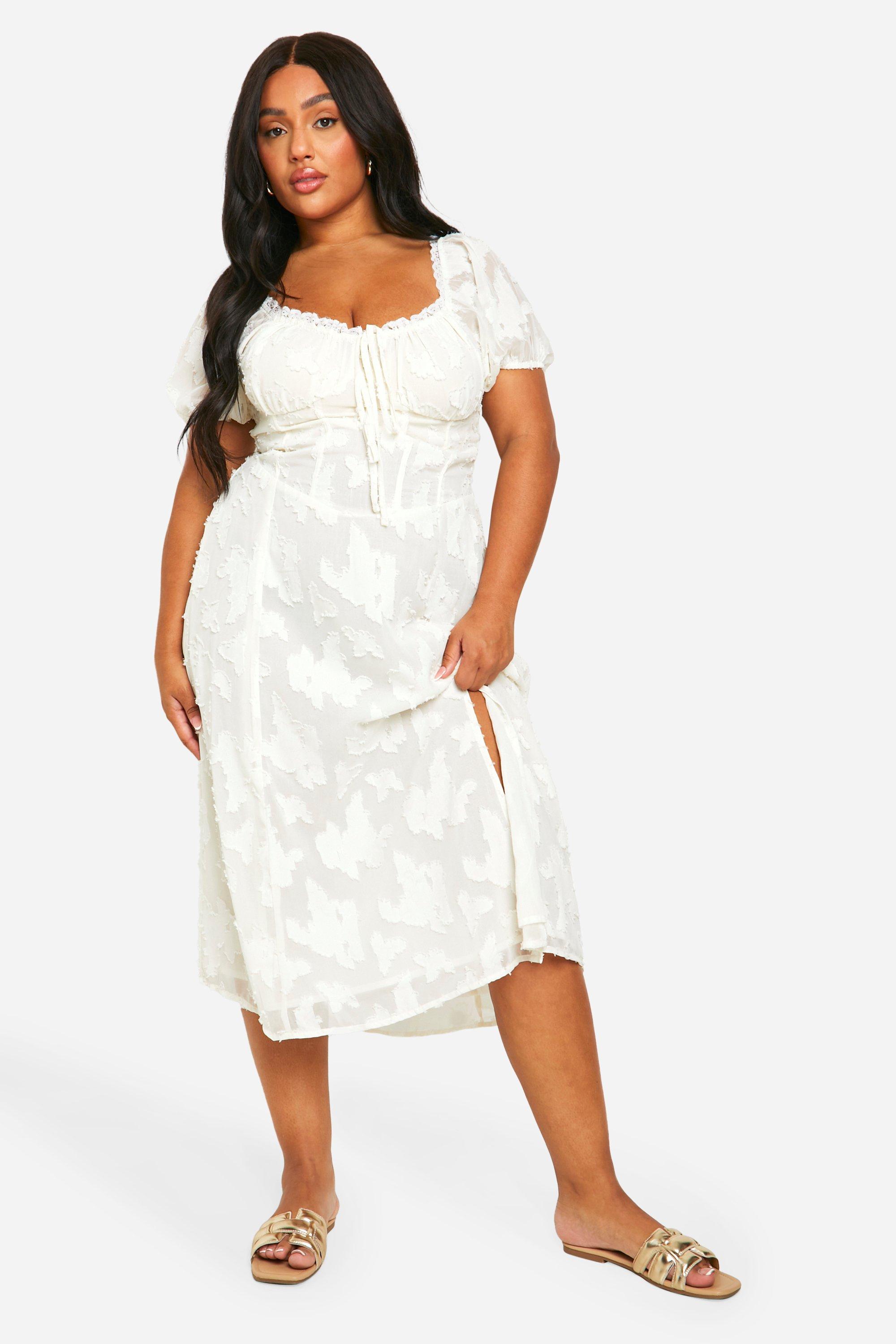 Image of Vestito midi Plus Size stile Milkmaid in Burnout, Bianco