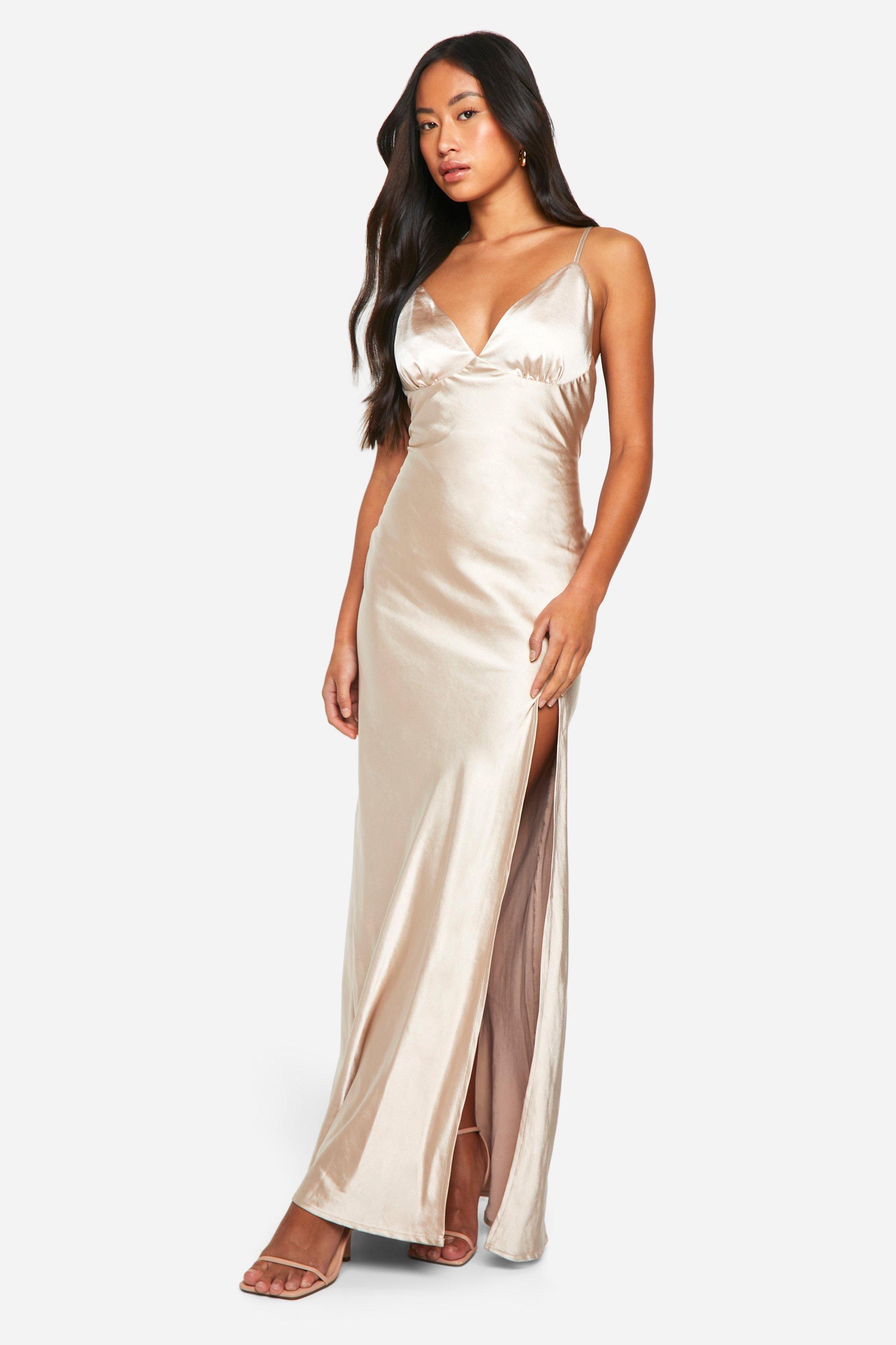 Image of Vestito maxi da cerimonia in raso con spalline, Tan