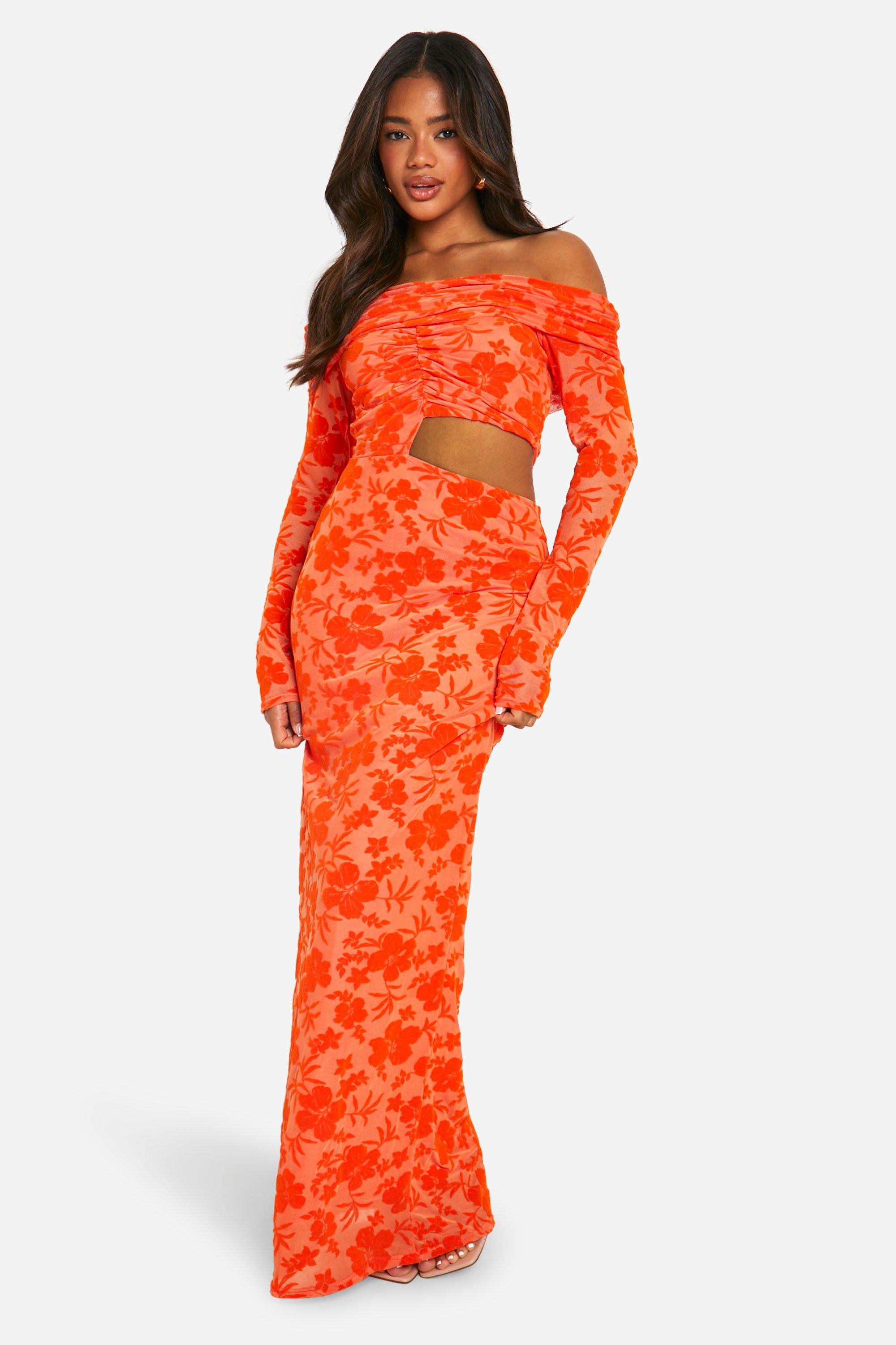 Boohoo Bardot Ruched Devore Cut Out Maxi Dress, Orange