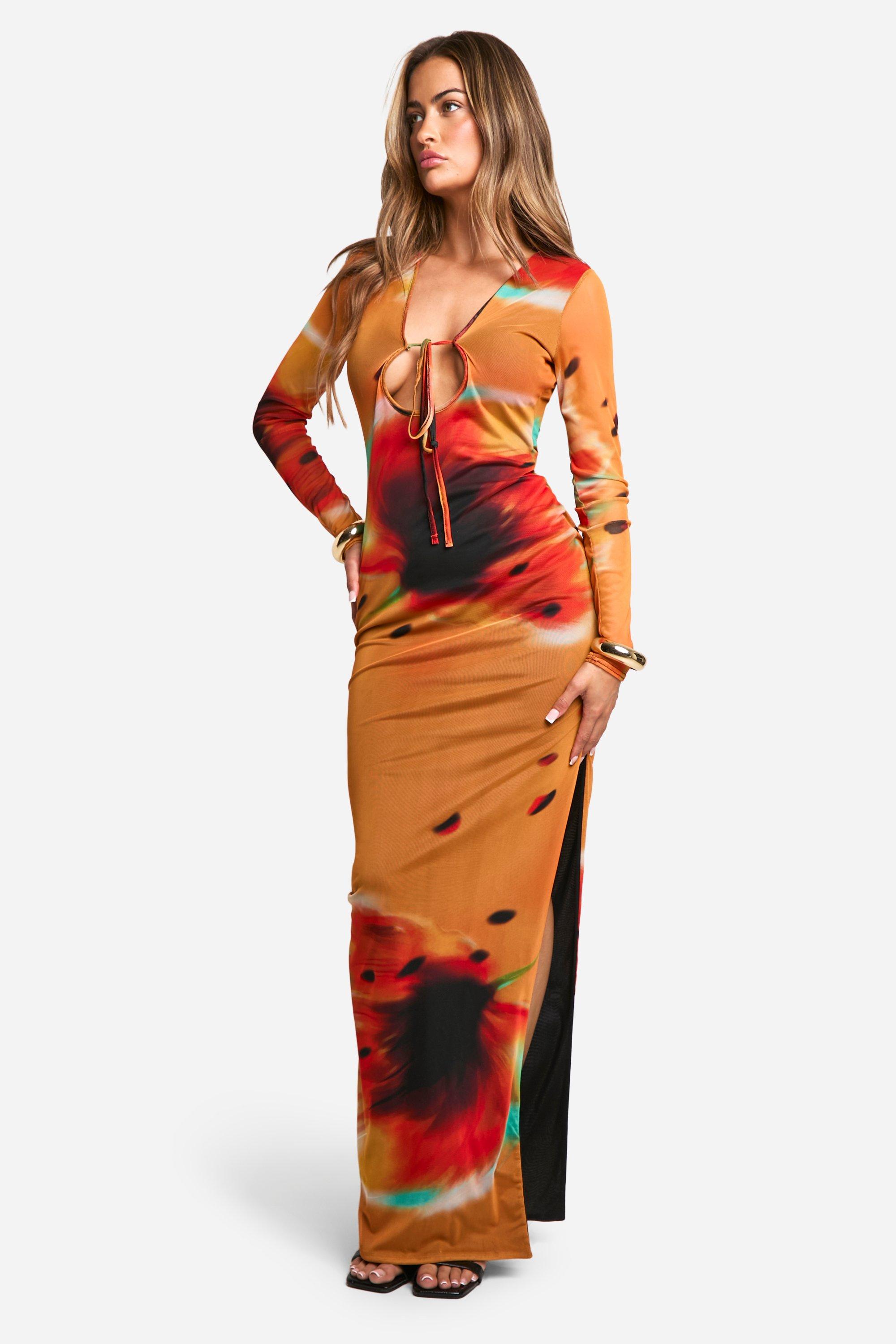 Boohoo Tie Front Floral Long Sleeve Maxi Dress, Orange