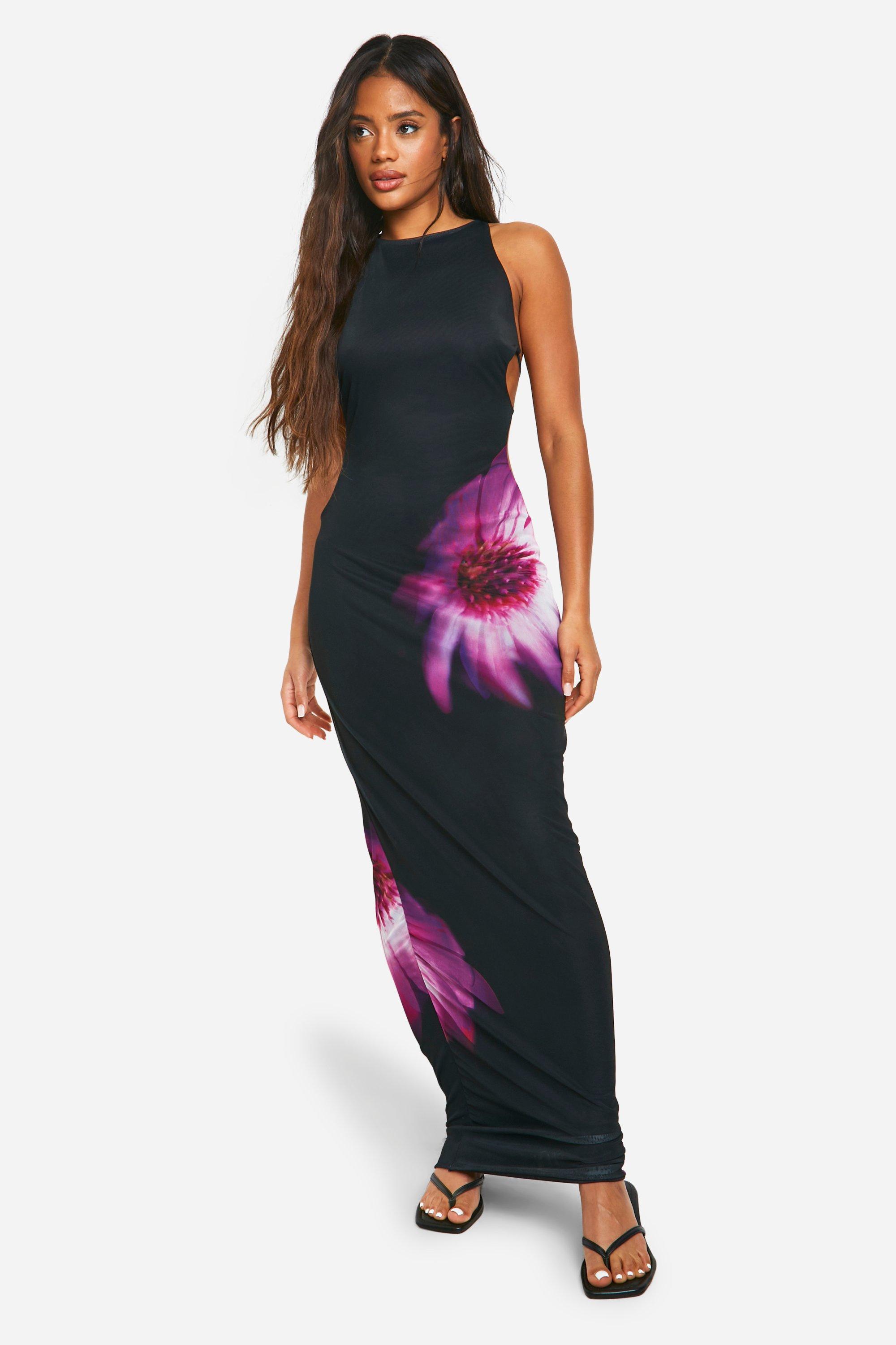 Boohoo Cut Out Strappy Floral Mesh Maxi Dress, Purple