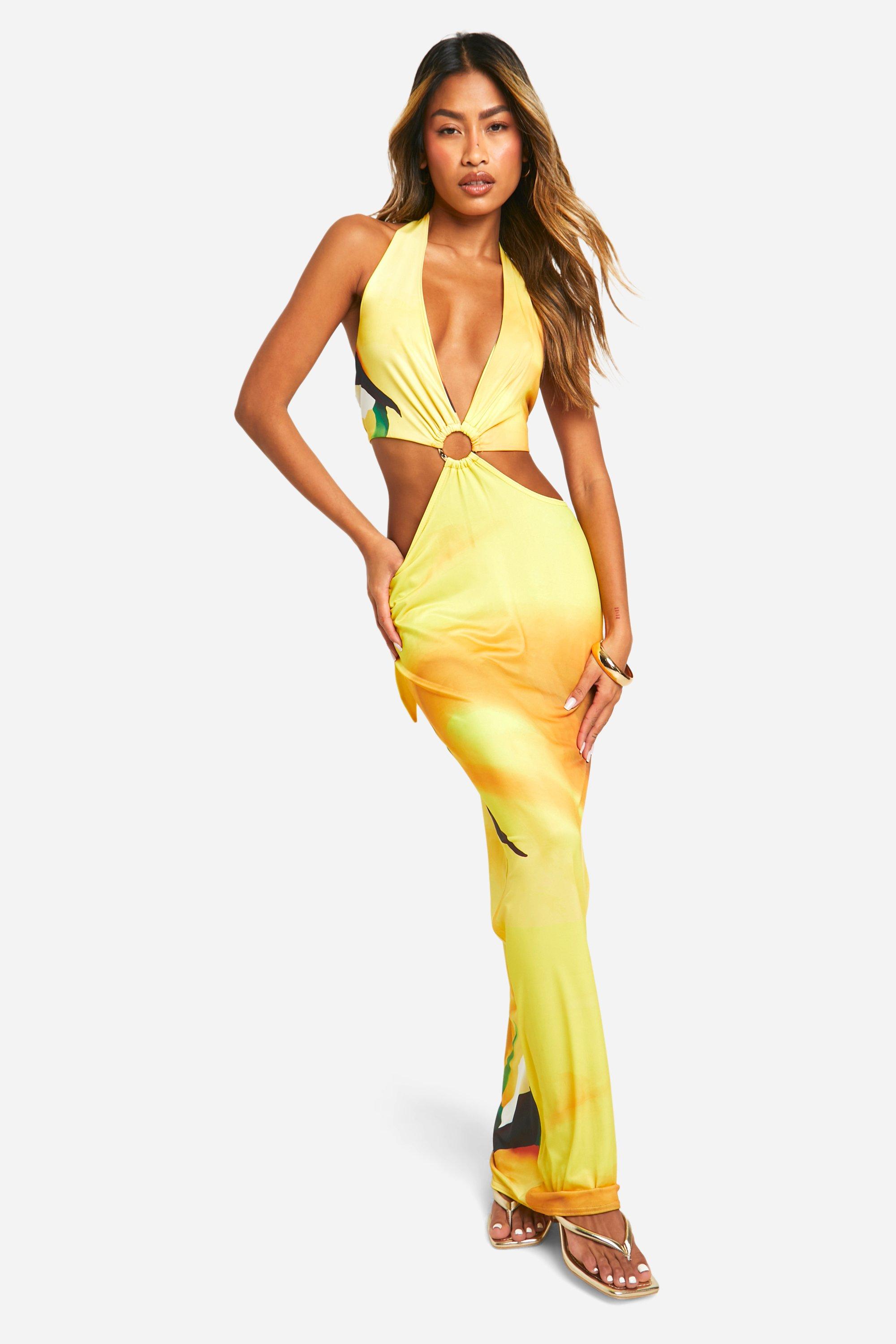 Boohoo Gold Trim Printed Plunge Cut Out Slinky Maxi Dress, Yellow