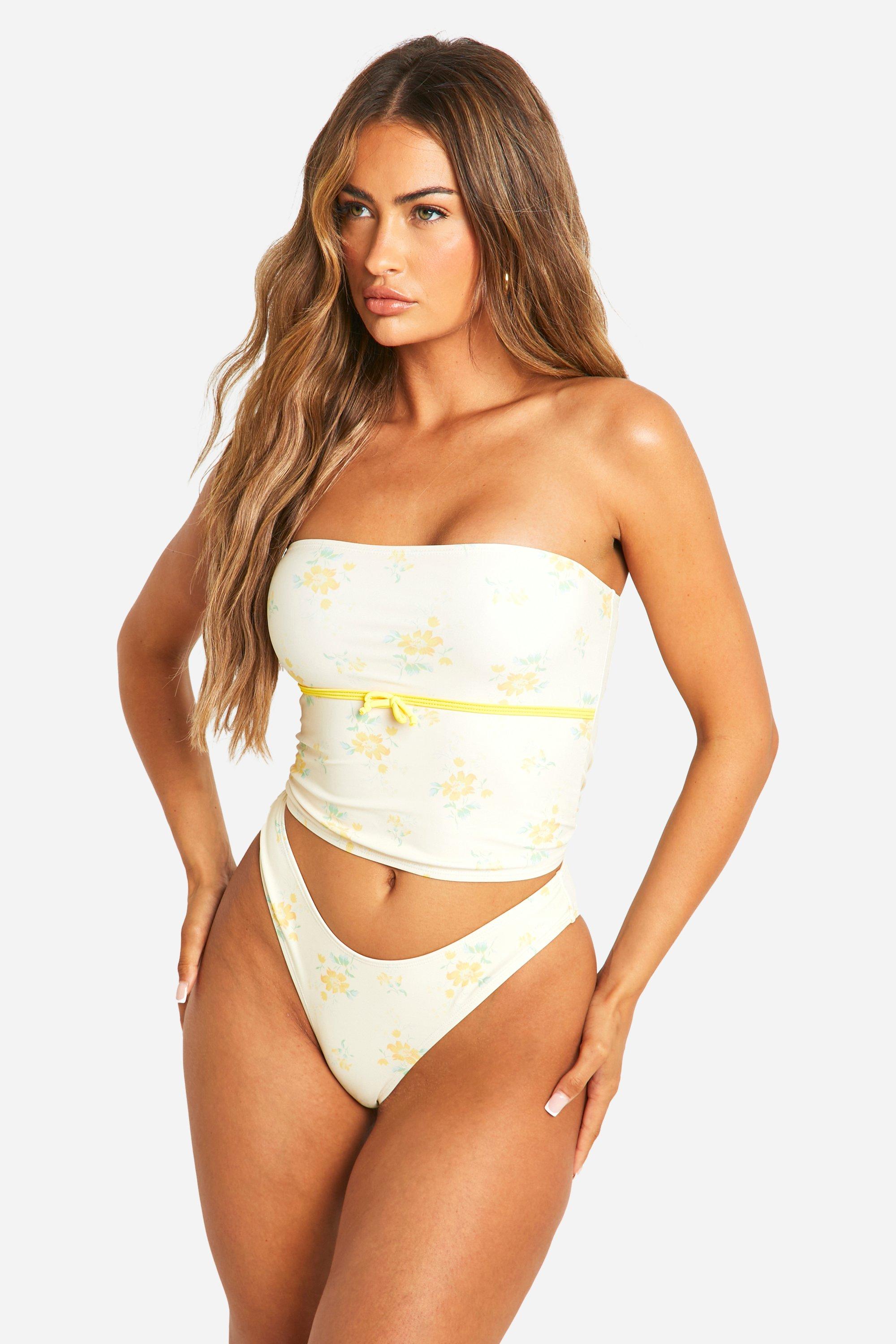 Boohoo Ditsy Floral Longline Bandeau Bikini Set, Lemon
