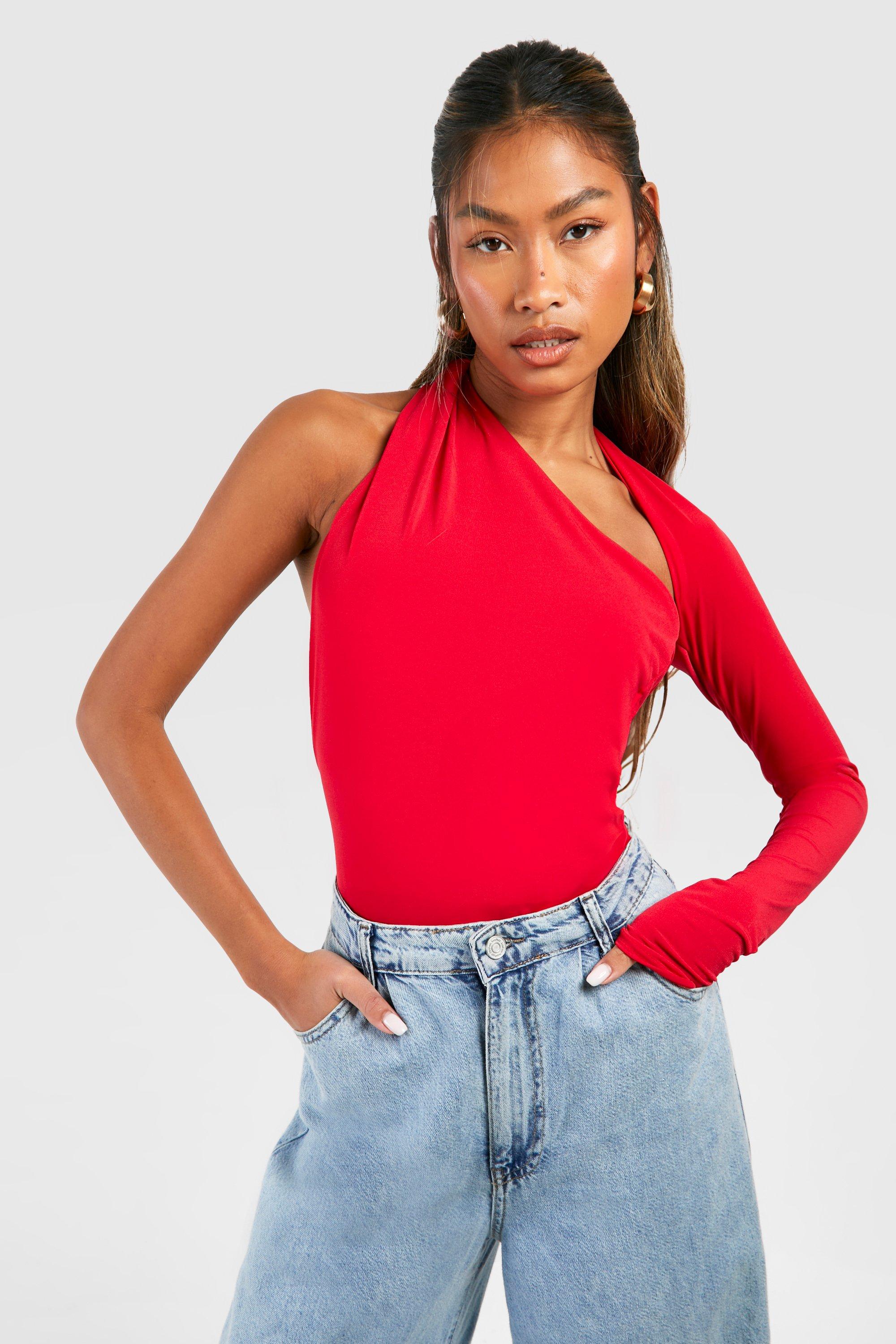 Image of One Sleeve Open Back Bodysuit, Rosso