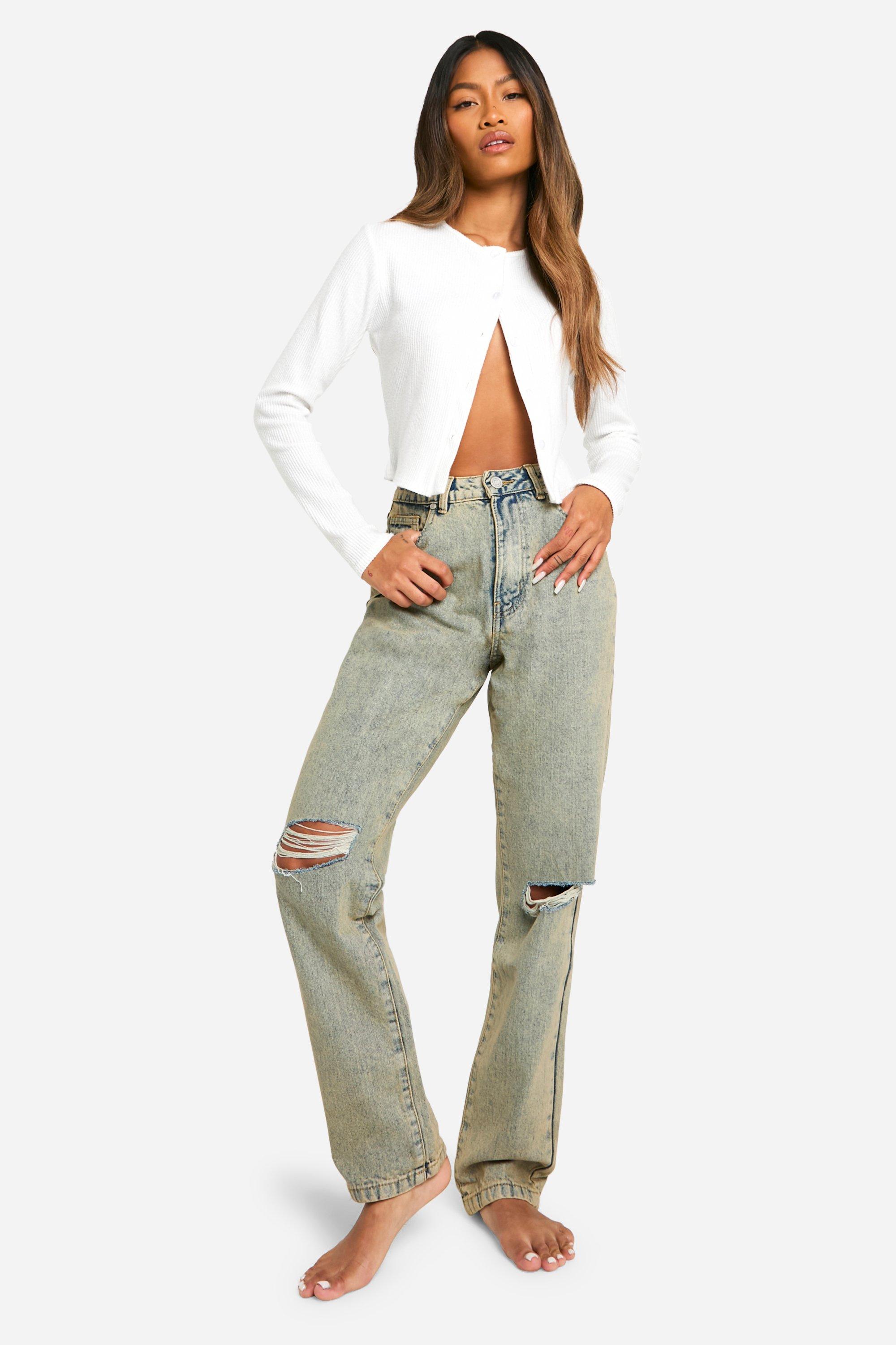 Image of Jeans dritti Basics a vita alta con strappi sul ginocchio, Beige