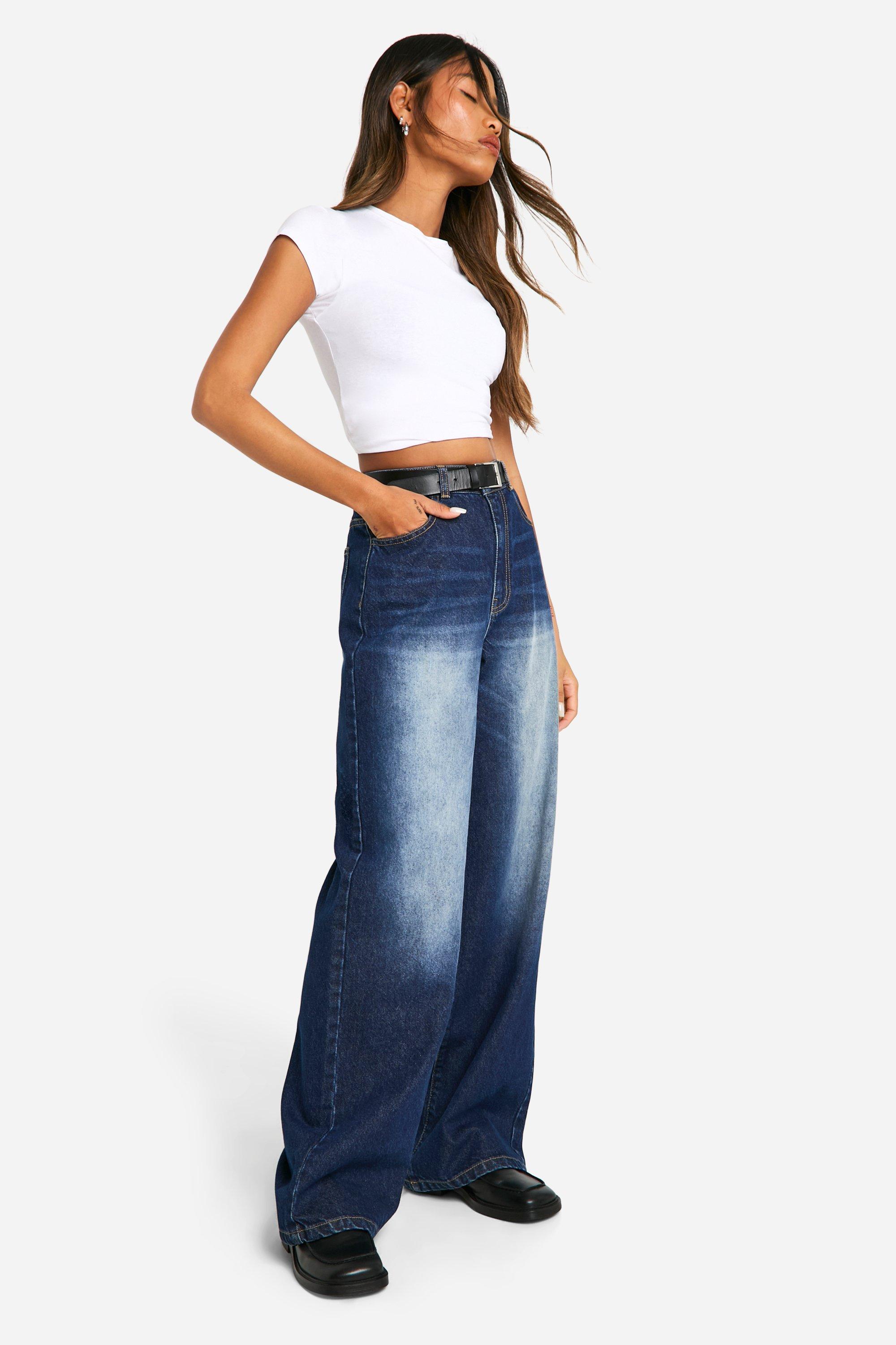 Boohoo Basic High Waist Wide Leg Jeans, Washed Indigo