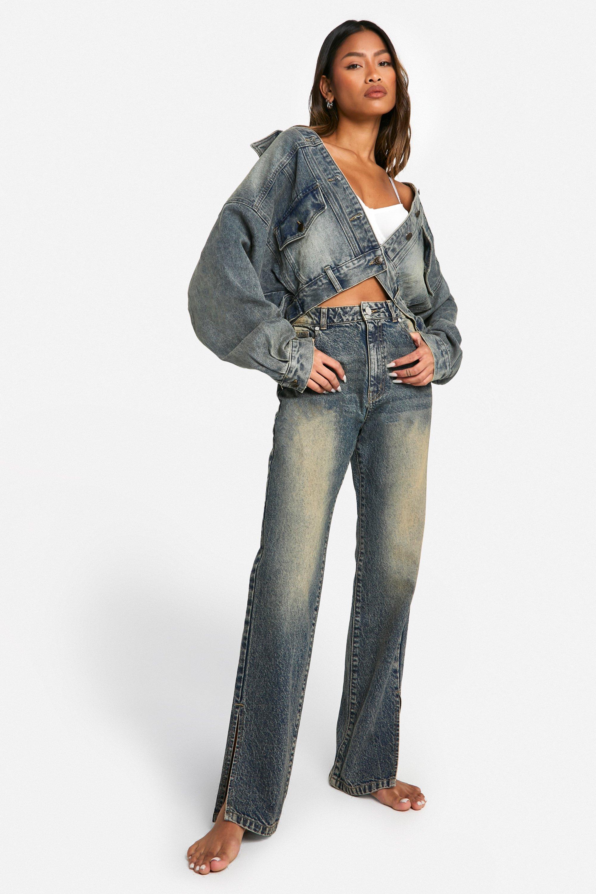 Boohoo Basic Jeans Met Split En Rechte Pijpen, Vintage Wash