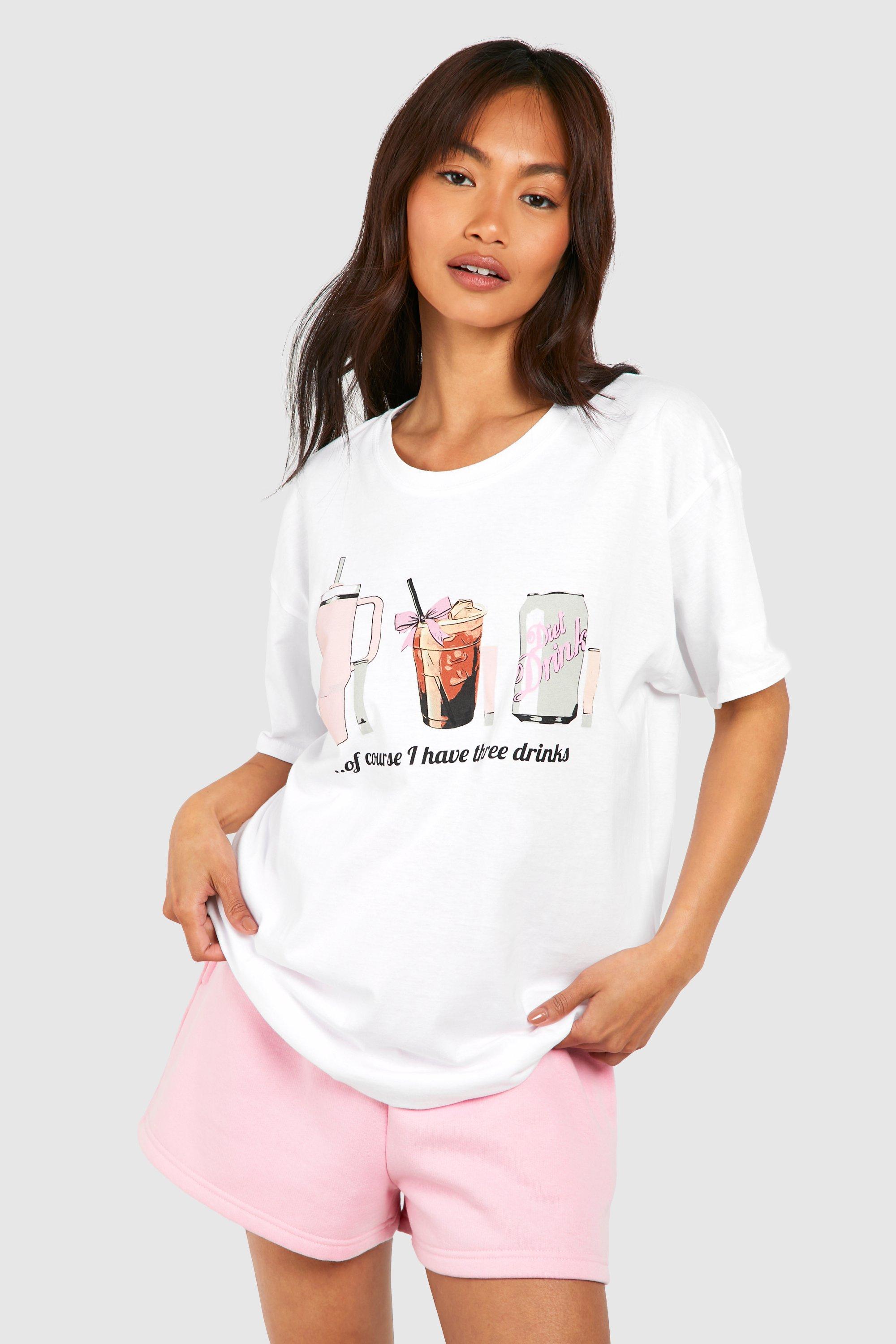 Image of Three Drinks Slogan Oversized T-shirt, Bianco