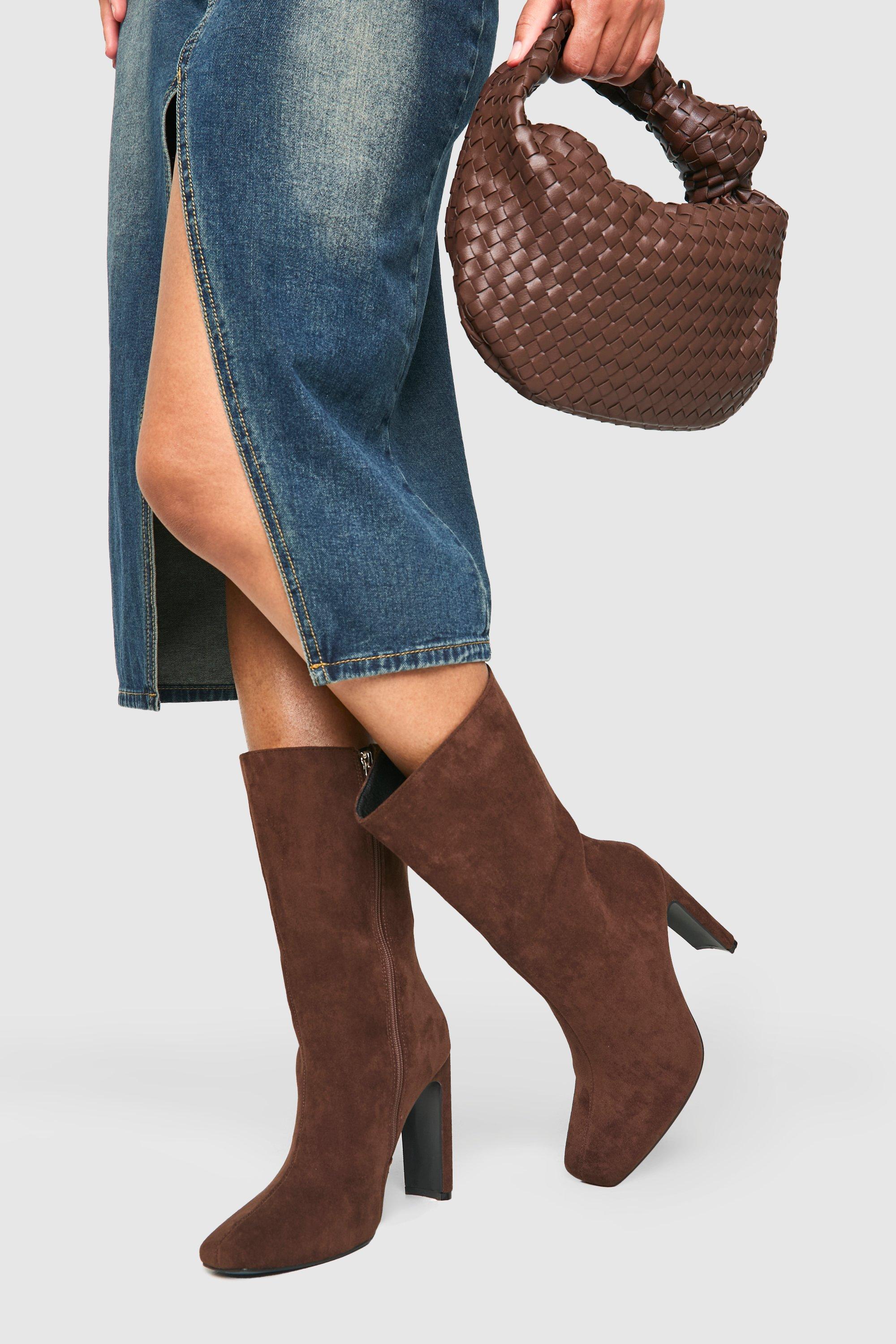 Womens Wide Fit Square Toe Heeled Boots - Brown - 5, Brown