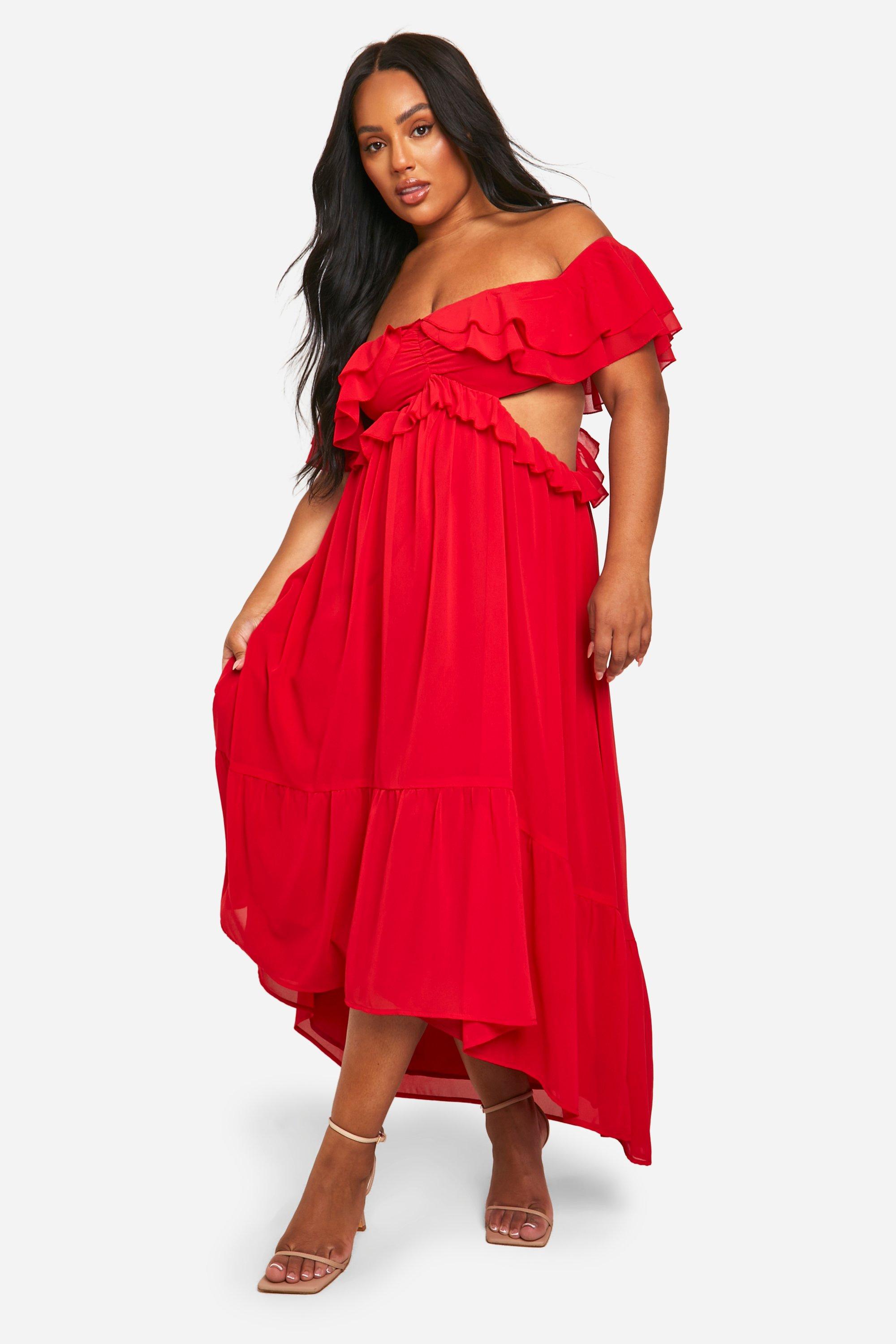 Boohoo Plus Ruffle Cold Shoulder Maxi Dress, Red