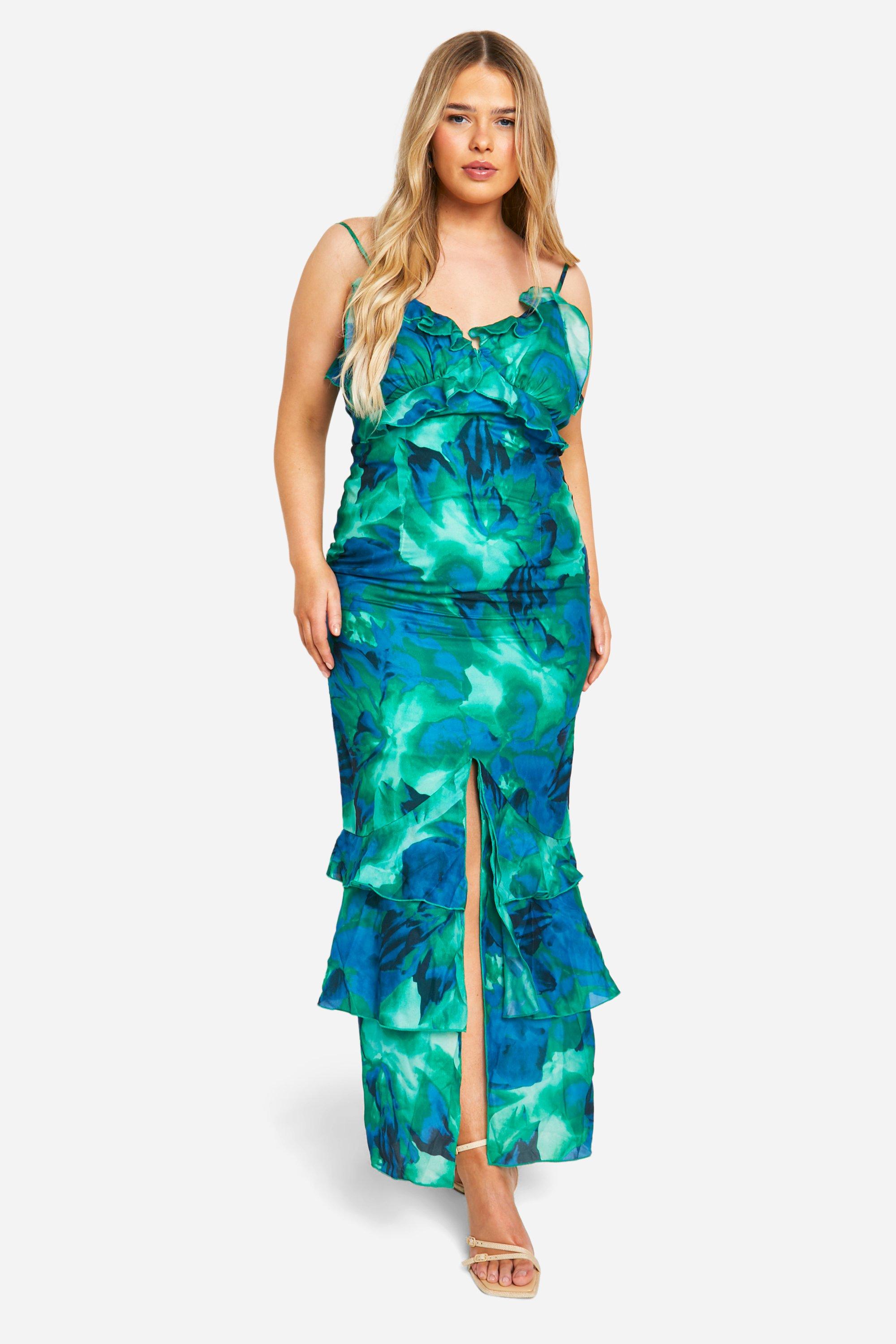 Image of Plus Abstract Floral Ruffle Maxi Dress, Verde