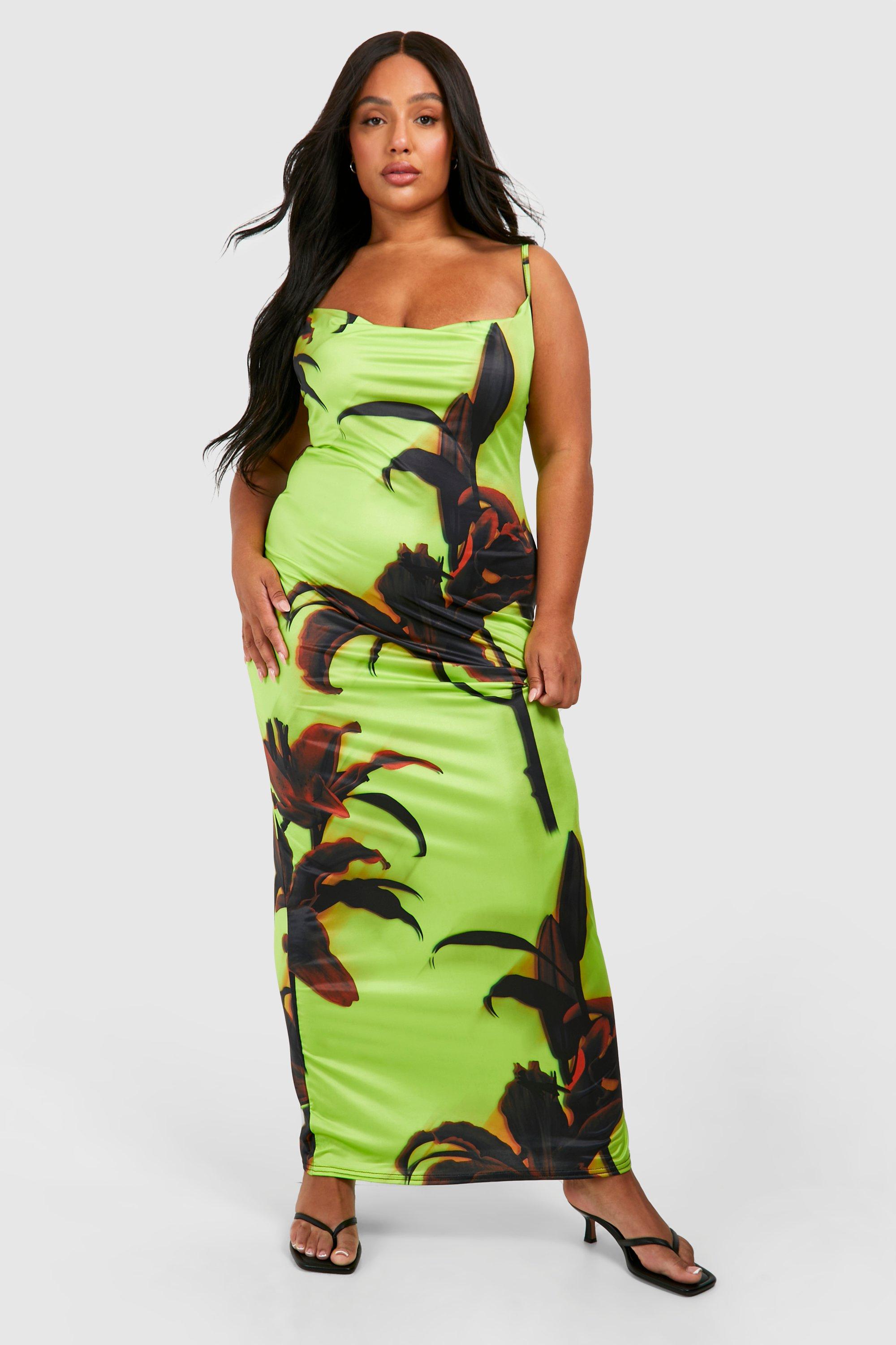 Image of Plus Large Scale Floral Slinky Cowl Neck Maxi Dress, Verde