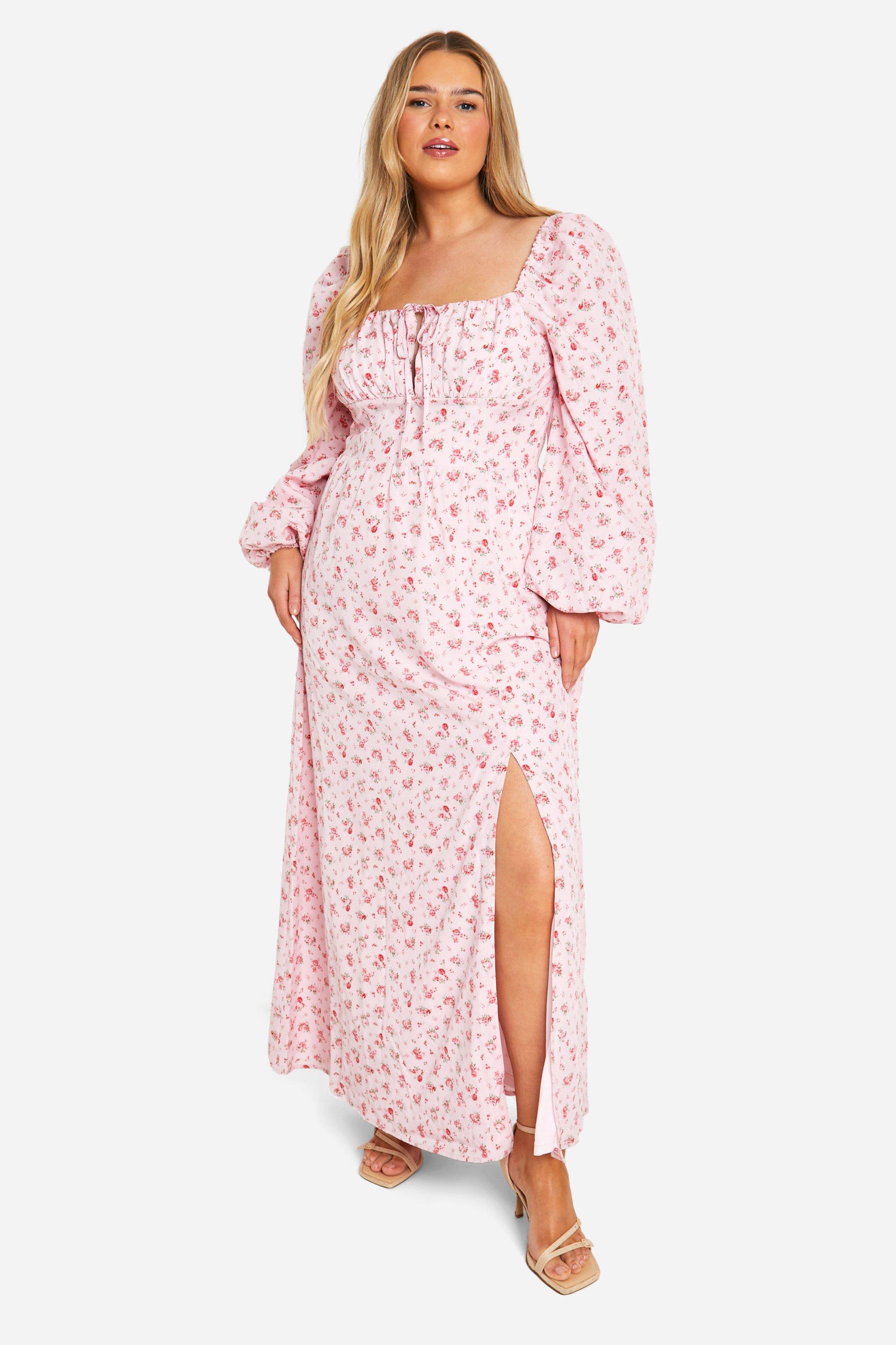 Boohoo Plus Ditsy Balloon Sleeve Milkmaid Maxi Dress, Pink