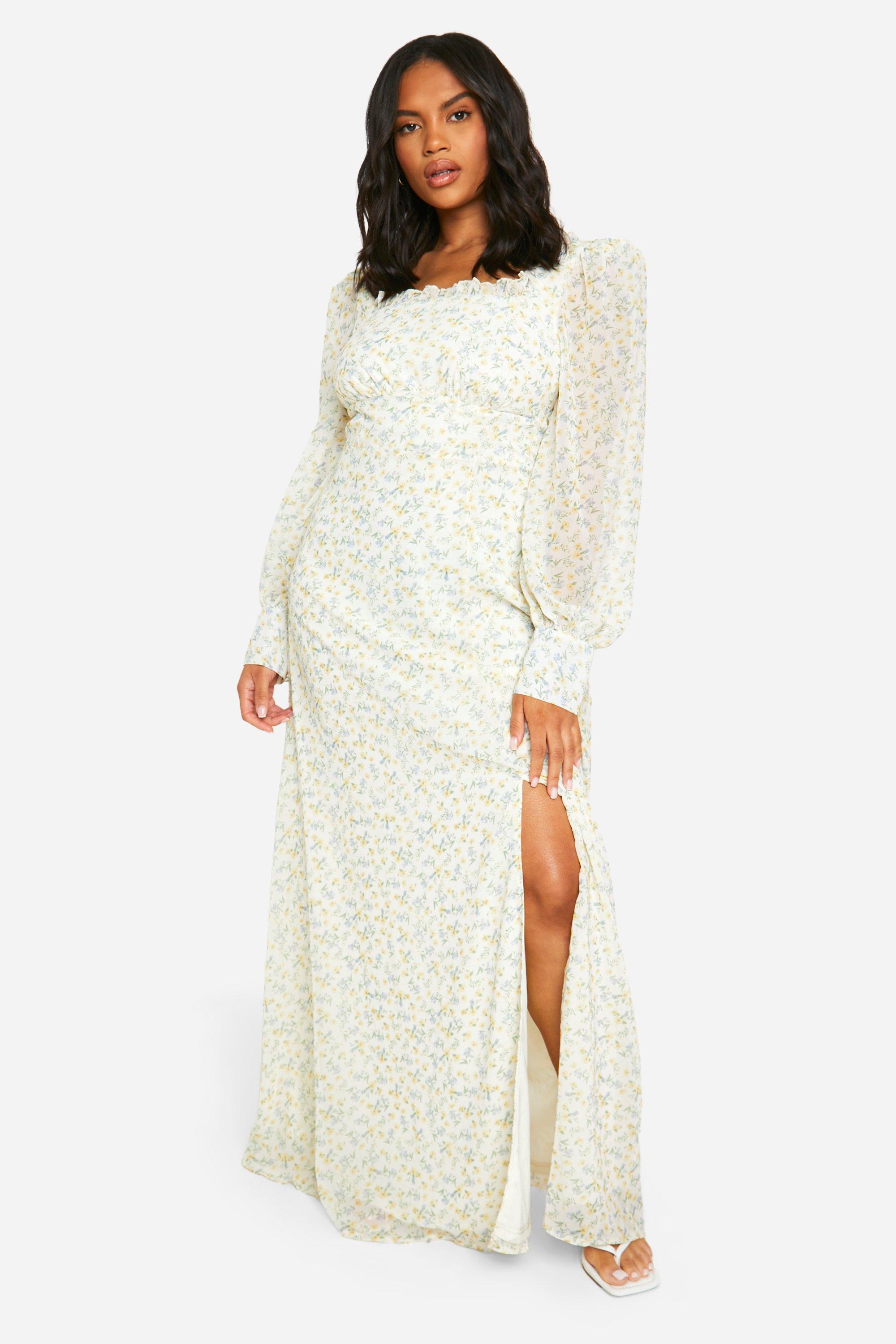 Boohoo Plus Floral Corset Detail Maxi Milkmaid Dress, Lemon