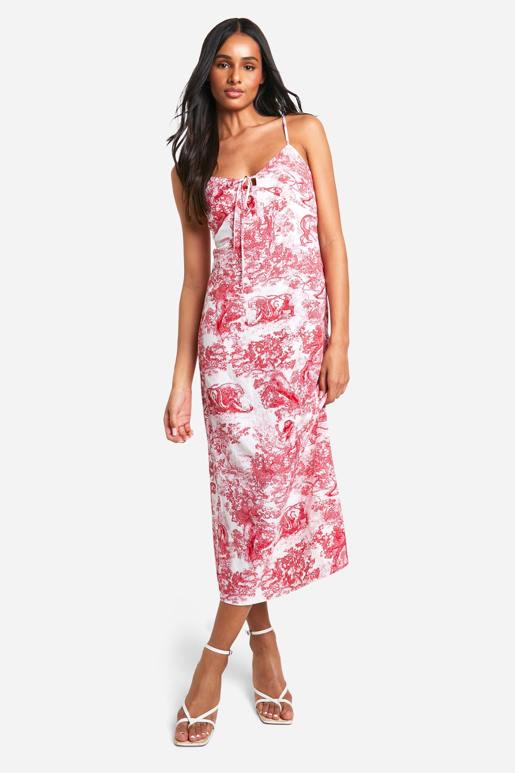 Image of Tall Woven Porcelain Print Strappy Midaxi Slip Dress, Rosso