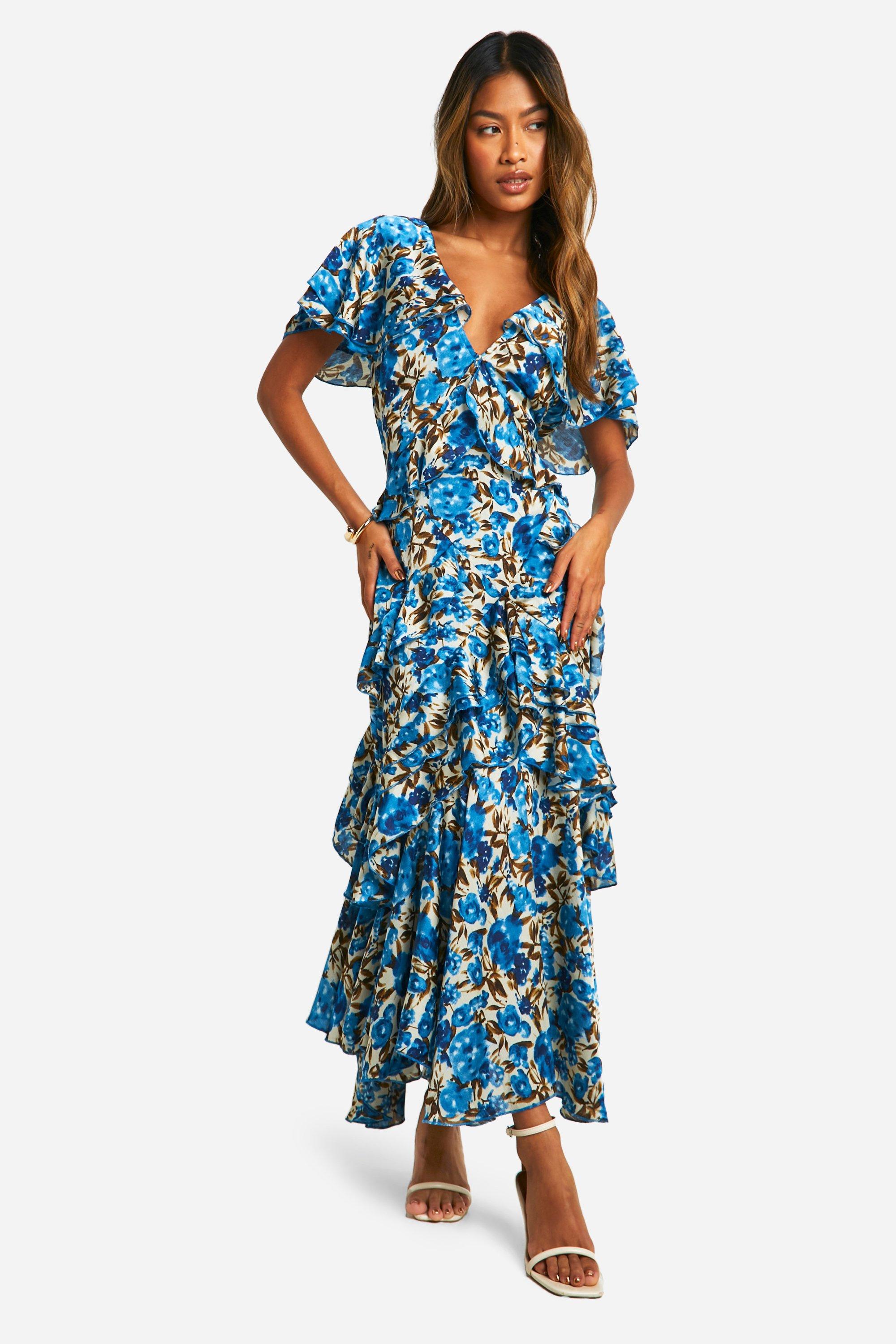 Boohoo Floral Frill Detail Ruffle Maxi Dress, Blue
