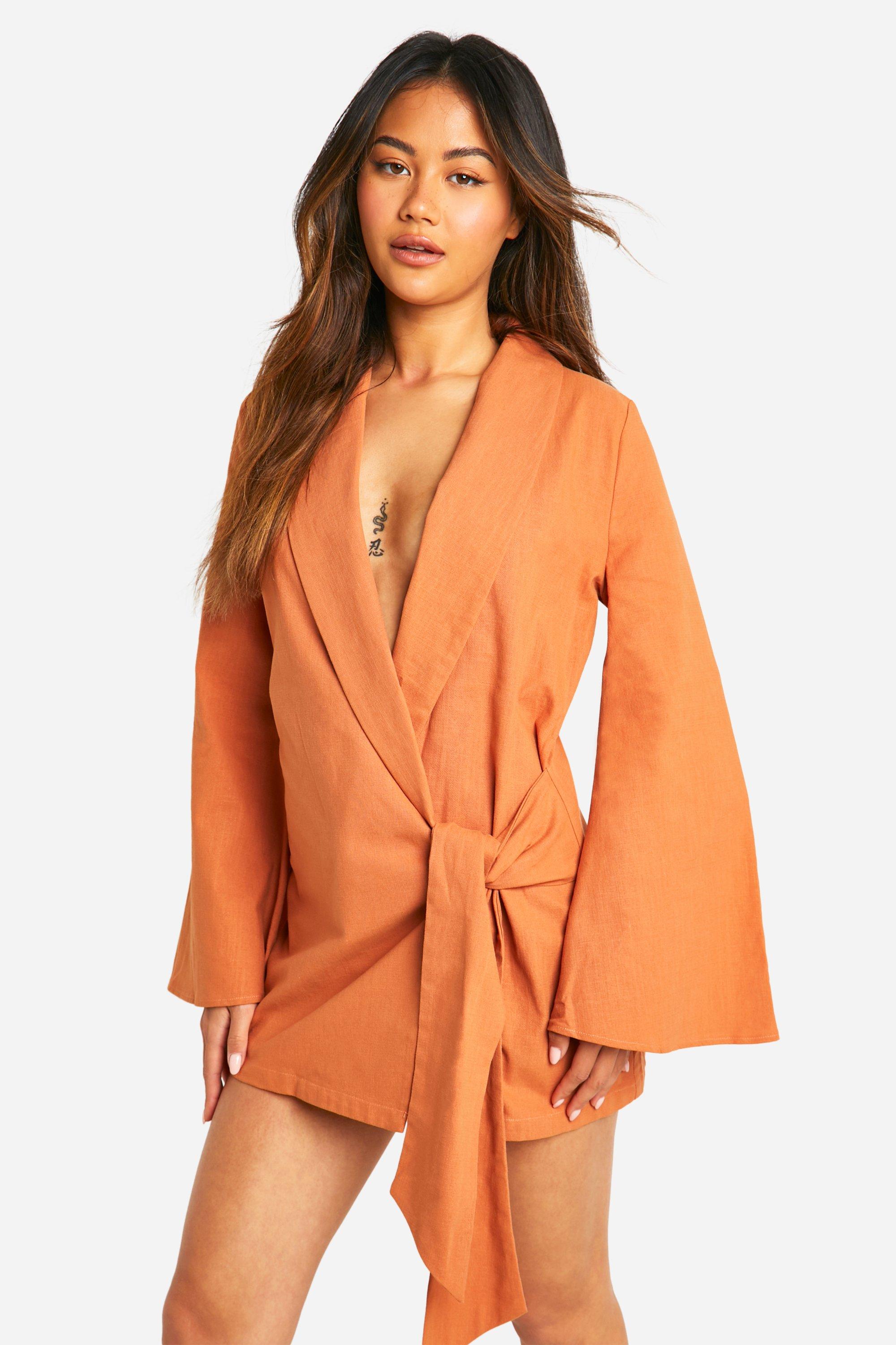Boohoo Linen Wrap Shirt Dress, Burnt Orange