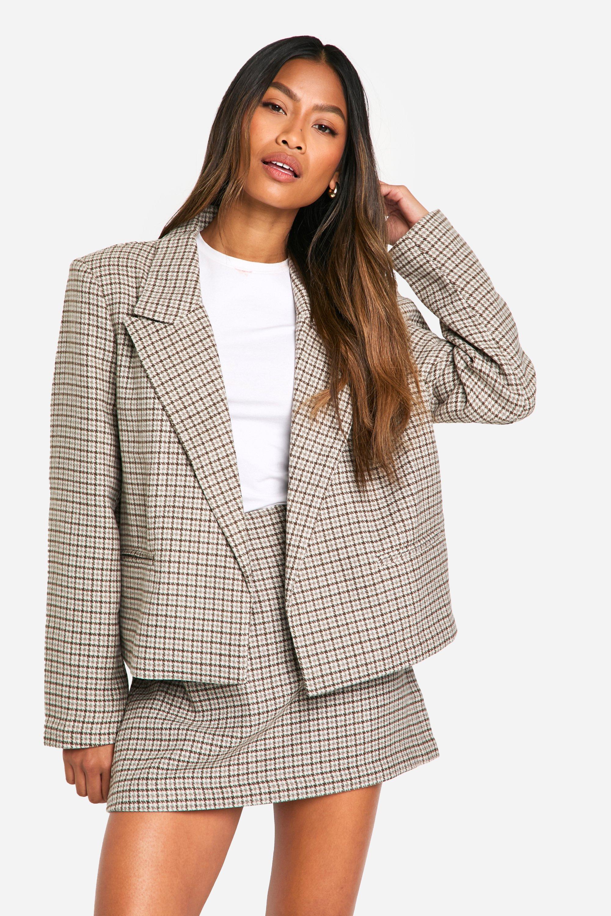 Boohoo Korte Wollen Houndstooth Blazer, Brown