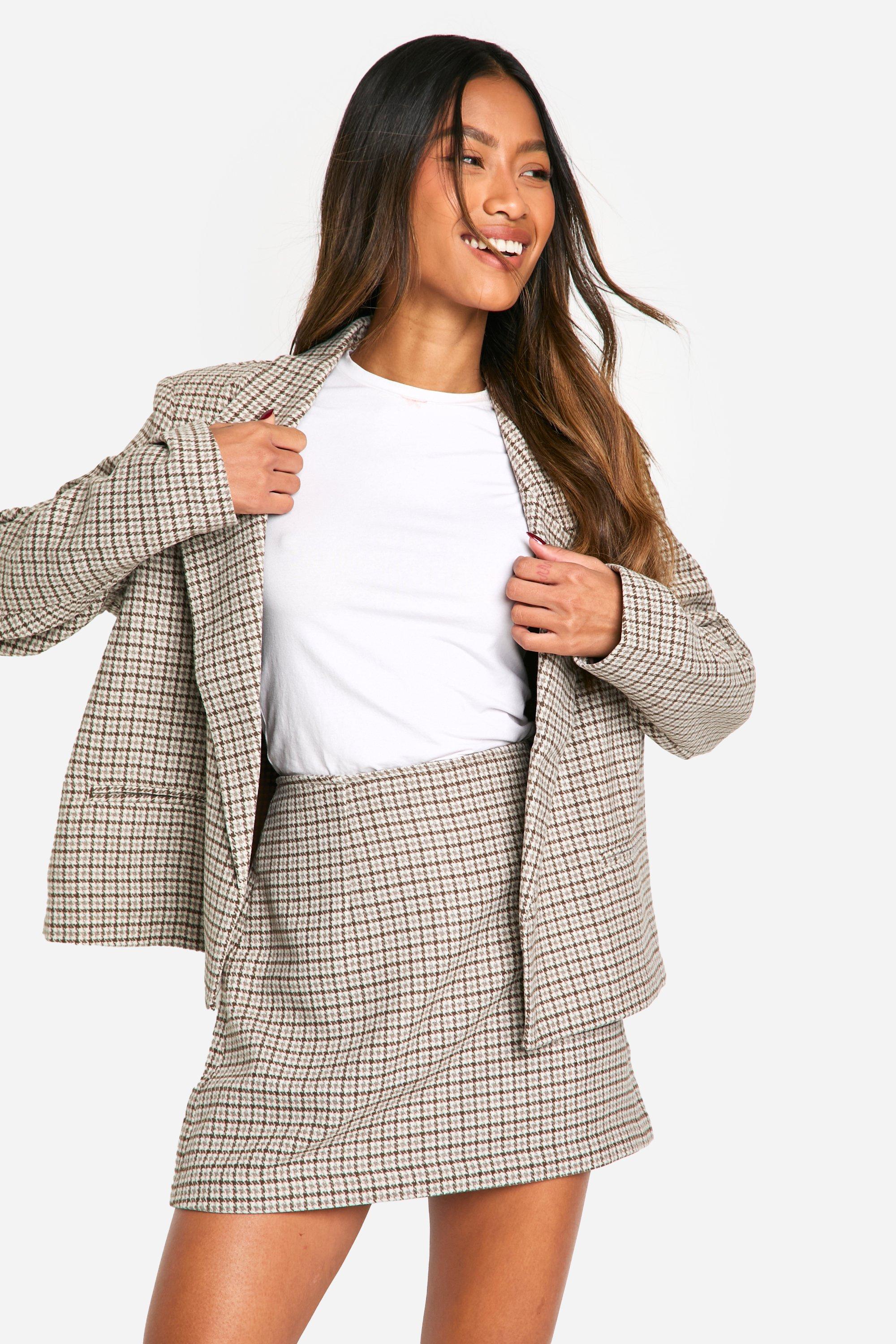 Boohoo Nepwollen Houndstooth Mini Rokje, Brown