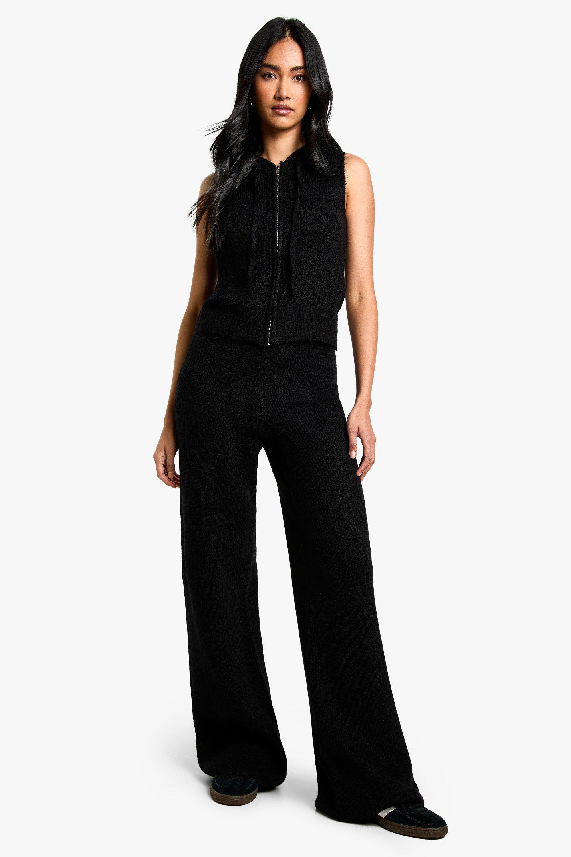 womens soft knit sleeveless hoody and wide leg trouser co-ord - black - s, black