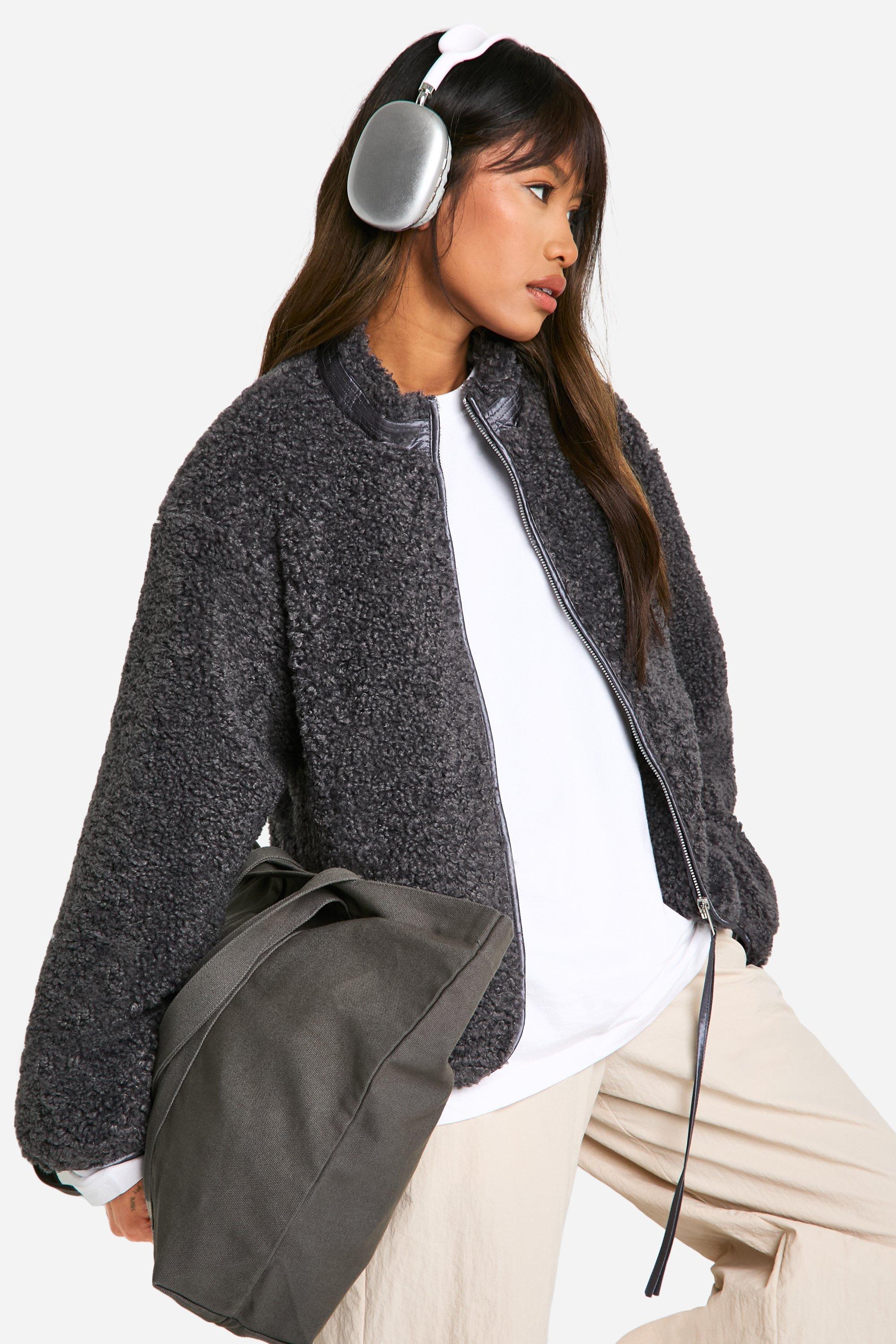 Womens Textured Teddy Funnel Neck Jacket - Grey - 14, Grey