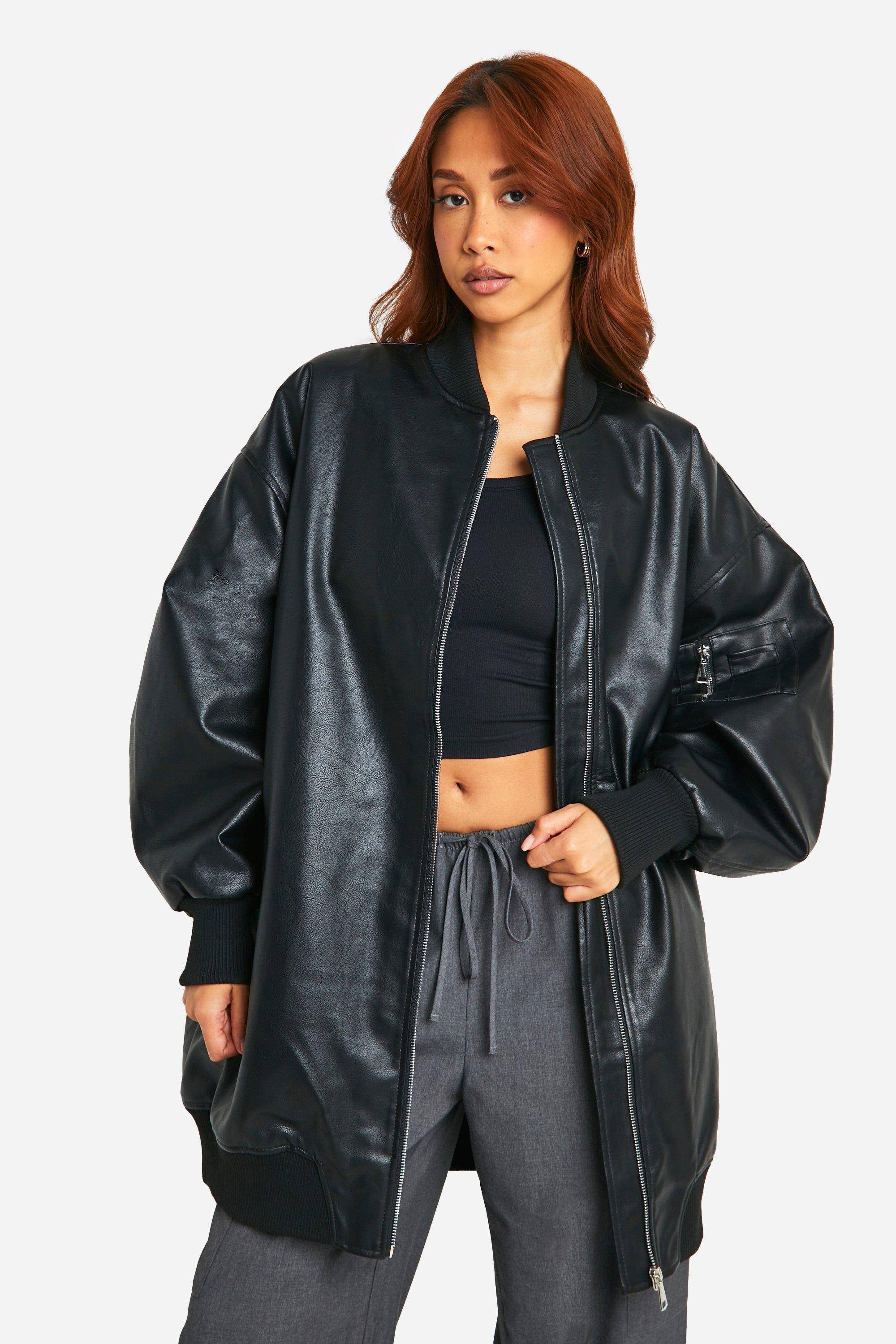 womens longline oversized bomber jacket - black - 12, black