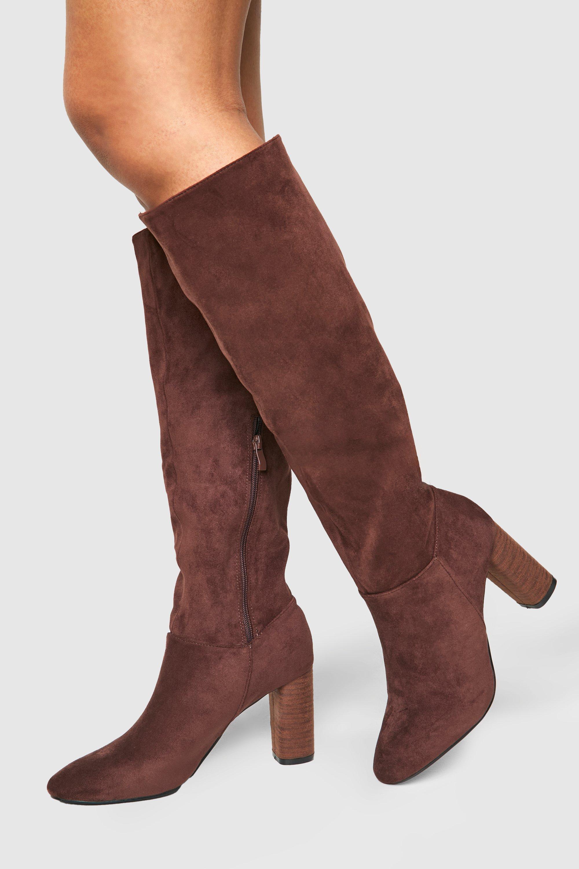Womens Block Wooden Heel Faux Suede Knee High Boots - Brown - 3, Brown