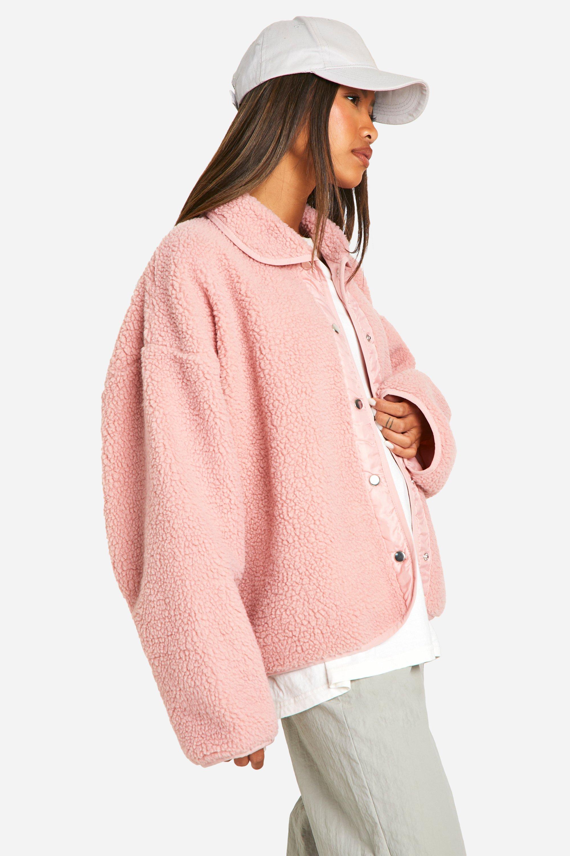 womens boxy teddy jacket - pink - 14, pink