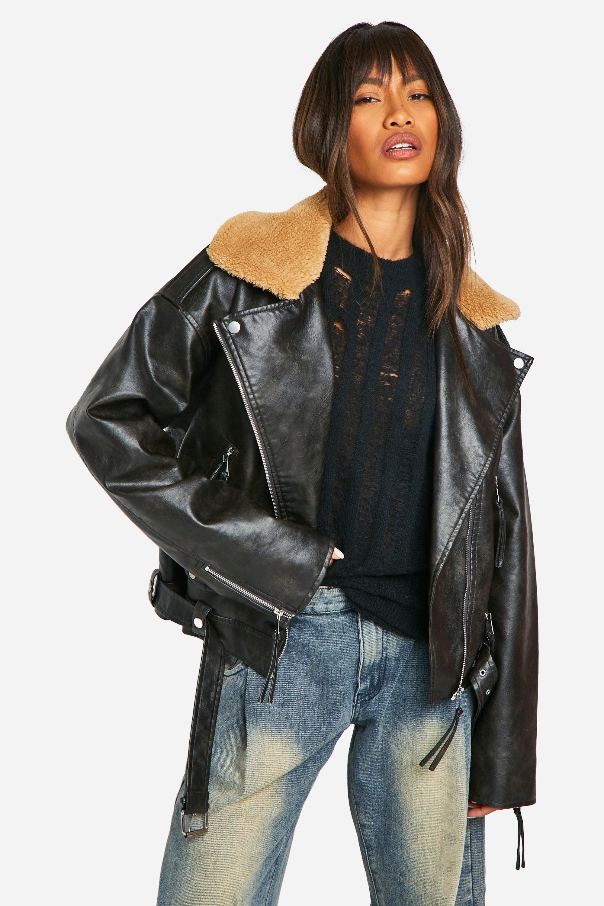 Image of Giacca stile Biker in pelle sintetica effetto vintage con colletto in pile borg, Nero