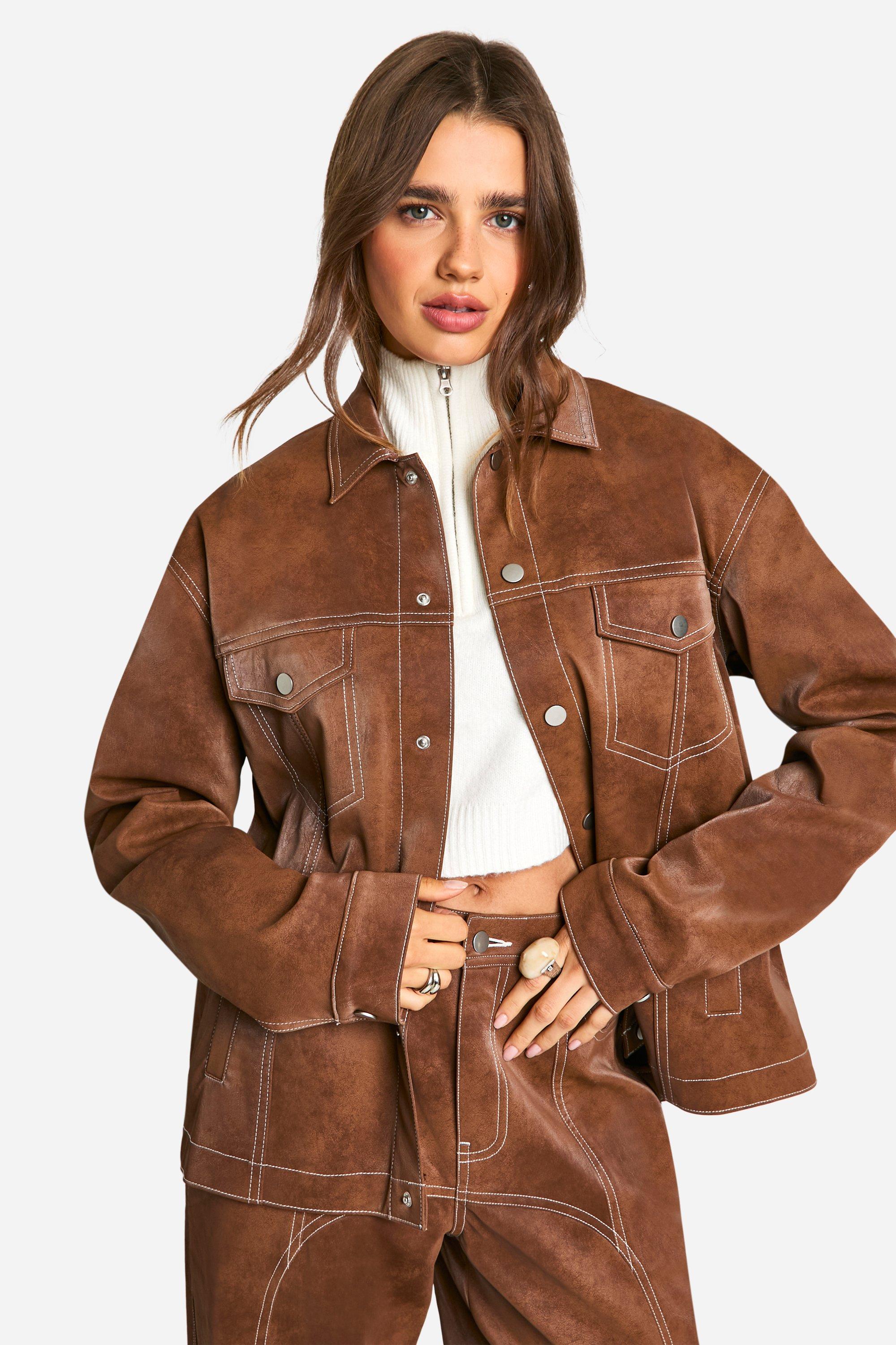 Image of Giacca in pelle sintetica effetto vintage con finiture a contrasto, Brown