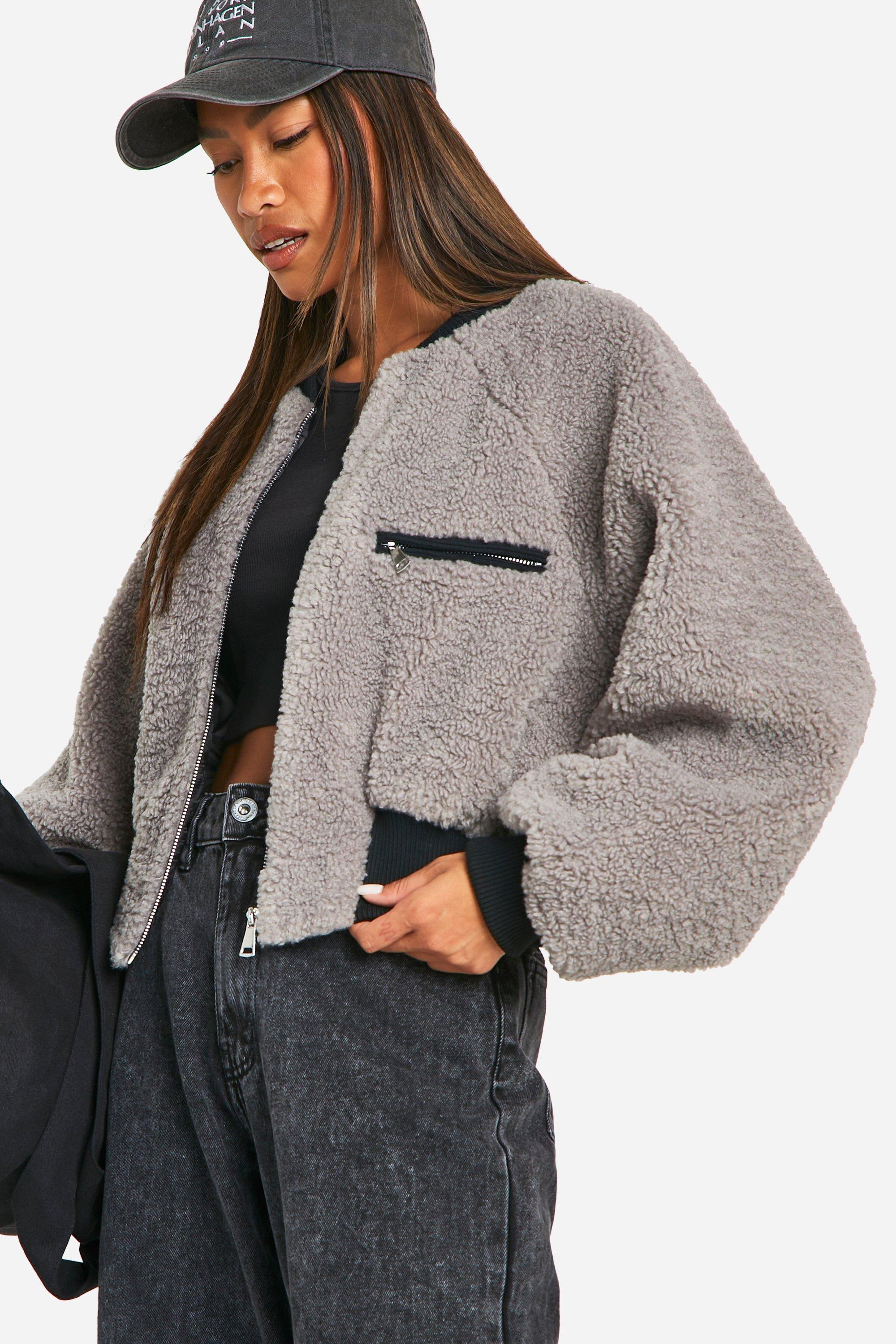 Image of Giacca Bomber Teddy a coste a contrasto, Grigio