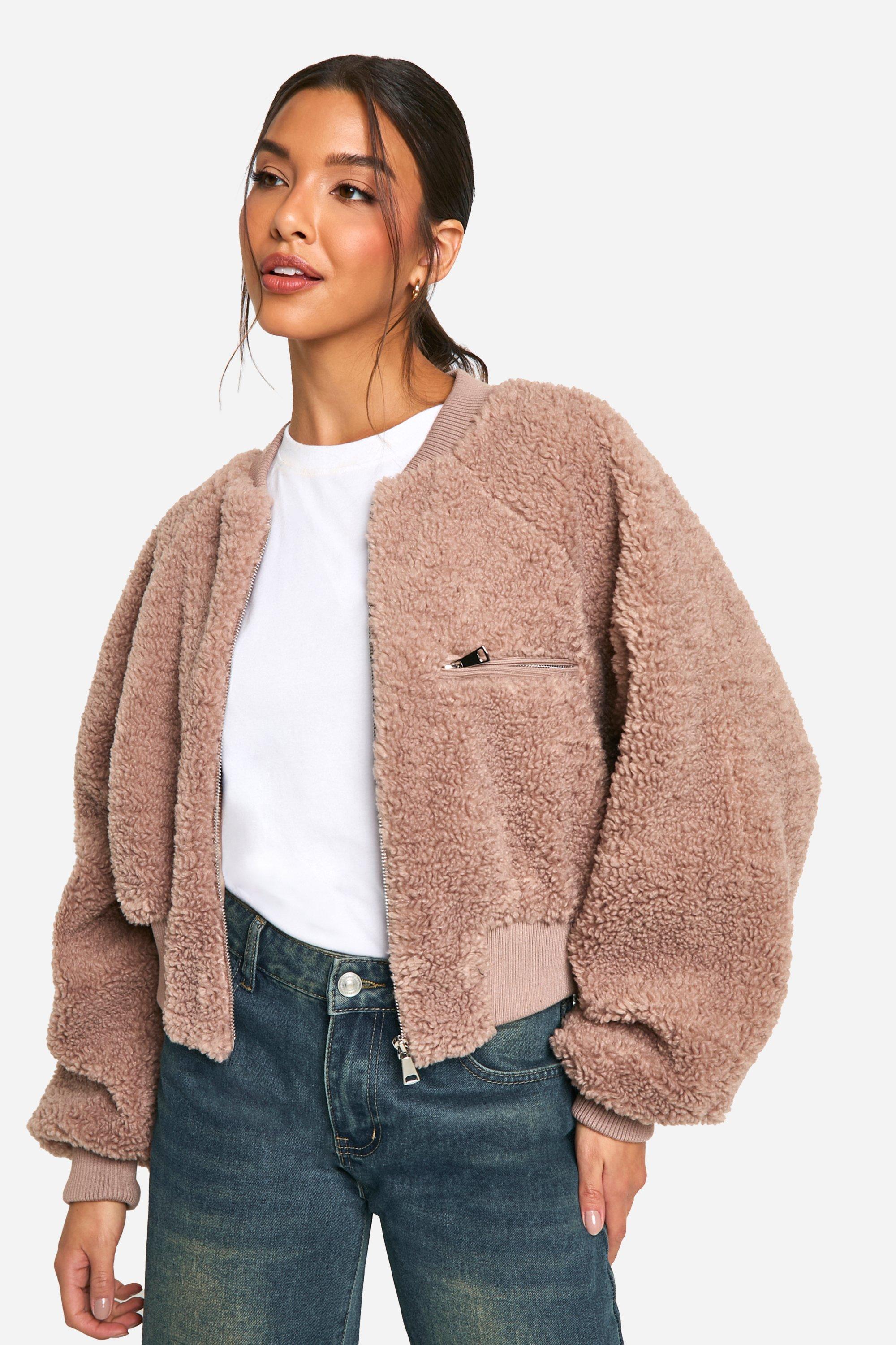 Image of Giacca Bomber a coste in pelliccia sintetica morbida, Beige