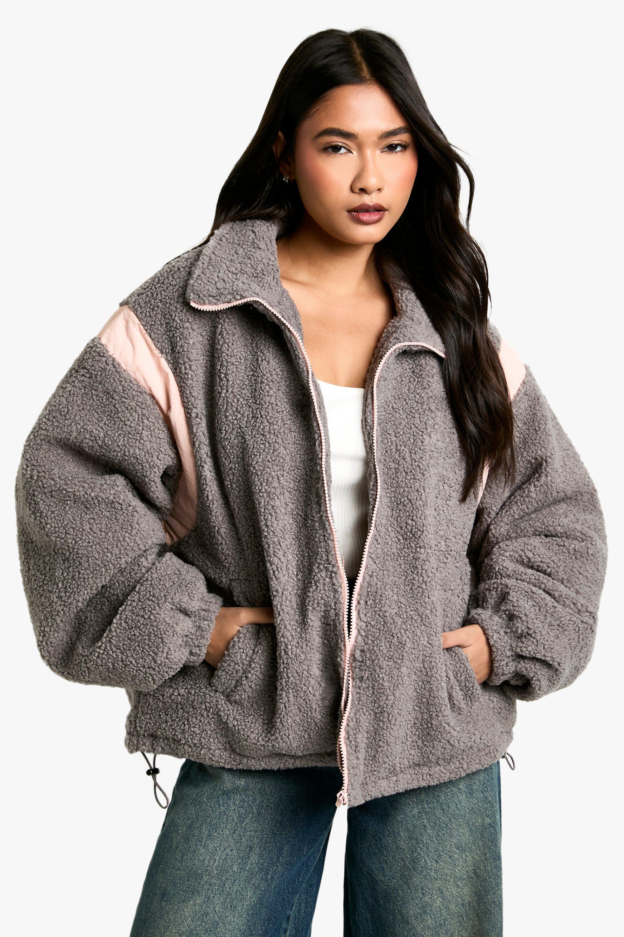 Image of Giacca Teddy con pannelli in nylon a contrasto, Grigio