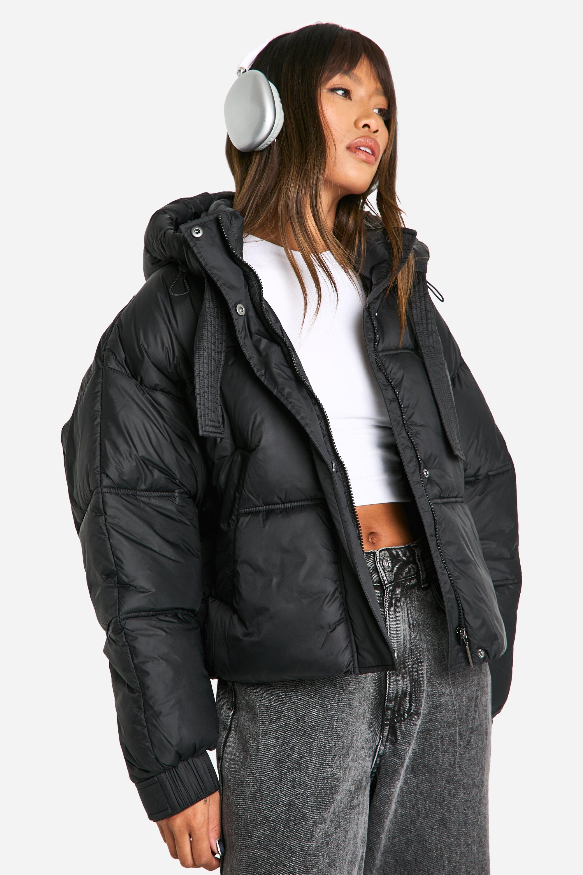 womens hooded puffer jacket - black - 10, black