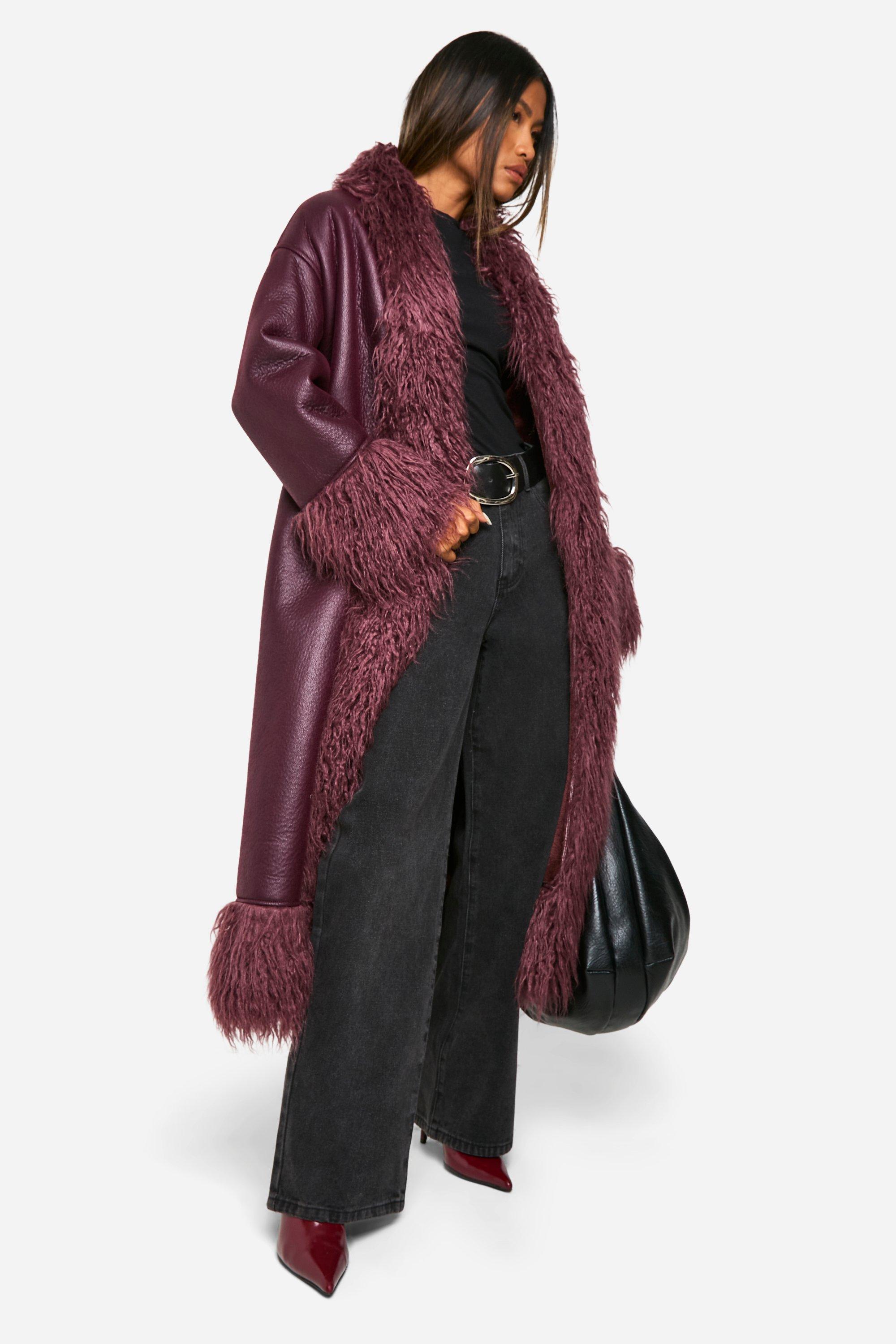 Boohoo Jas Met Faux Fur Zoom En Ceintuur, Wine